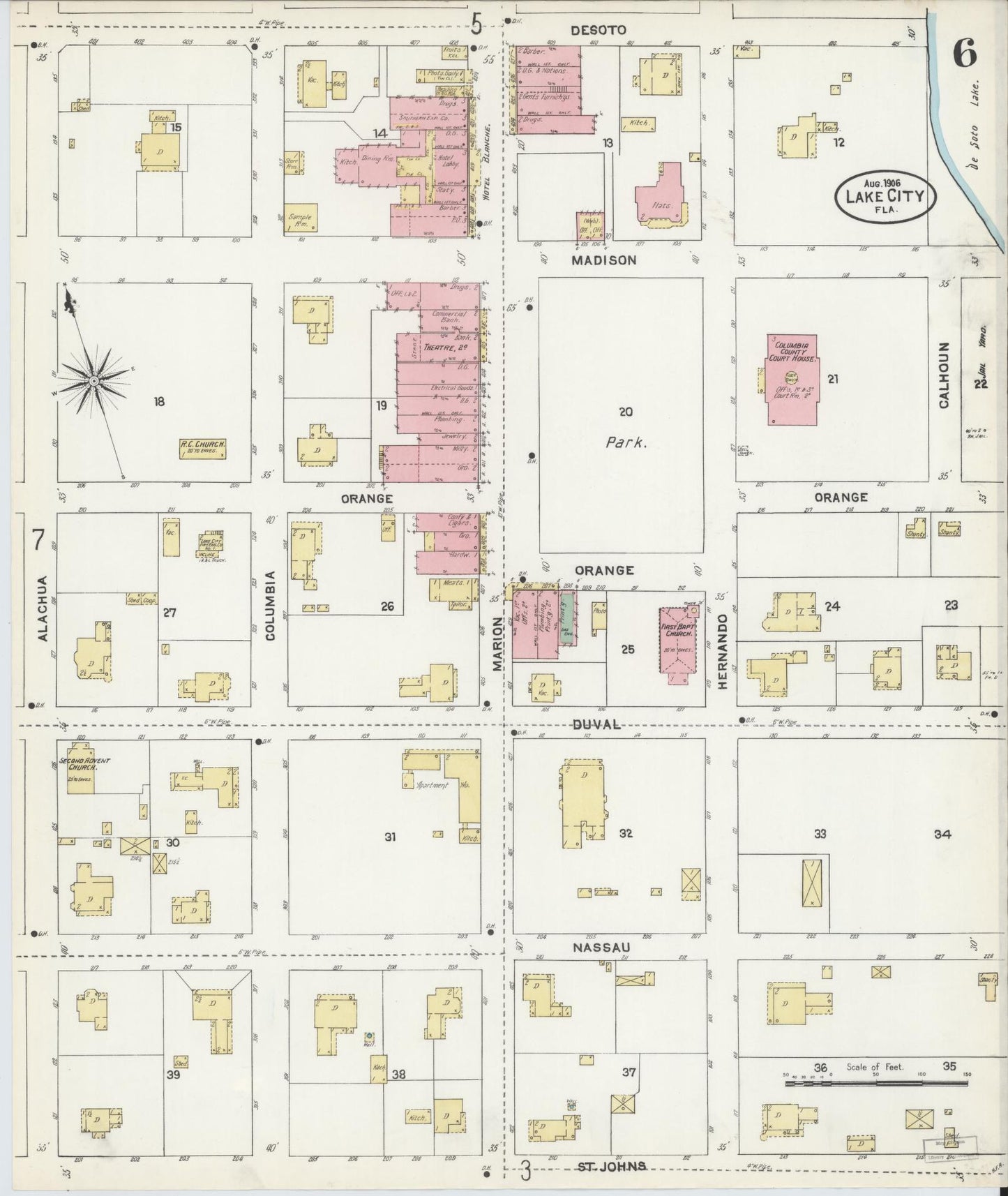 Sanborn Fire Insurance Map from Lake City, Columbia County, Florida (1906), Sheet #0006 - Complete Map Set gallery image, historic Sanborn map, vintage wall art, Florida Florida
