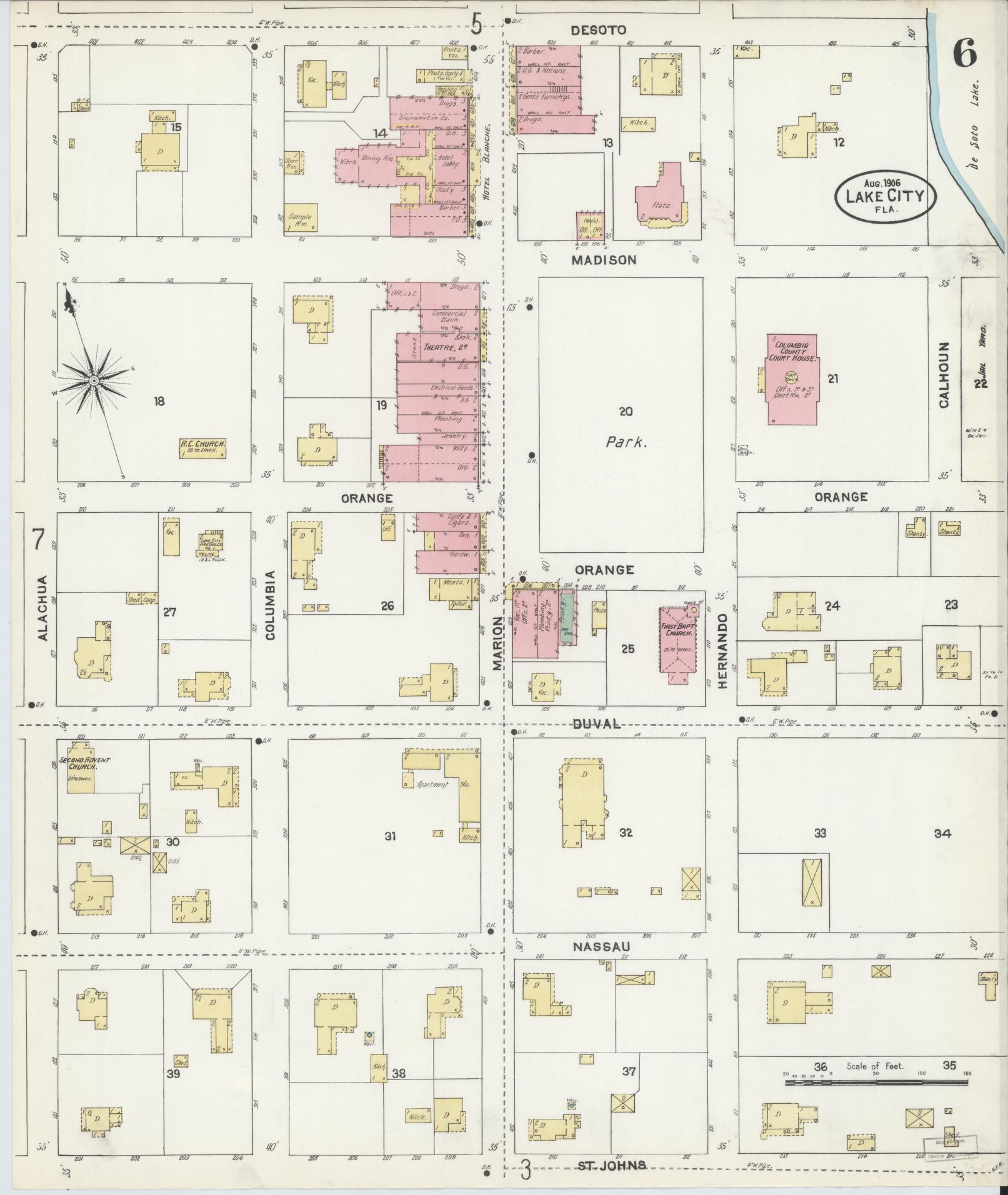 Sanborn Fire Insurance Map from Lake City, Columbia County, Florida (1906), Sheet #0006 - Complete Map Set gallery image, historic Sanborn map, vintage wall art, Florida Florida
