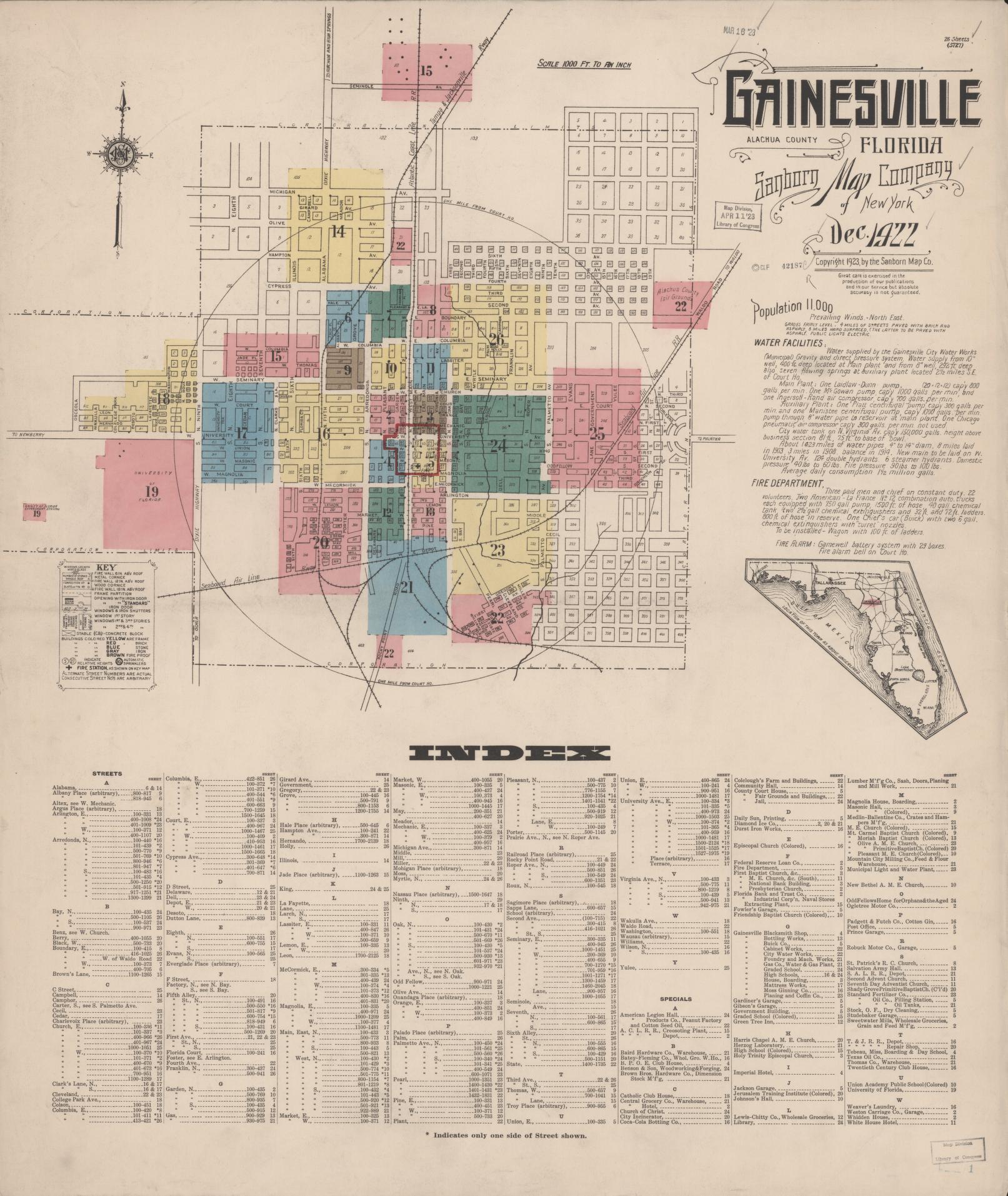 Sanborn Fire Insurance Map from Gainesville, Alachua County, Florida (1922), Sheet #0001 - Complete Map Set gallery image, historic Sanborn map, vintage wall art, Florida Florida