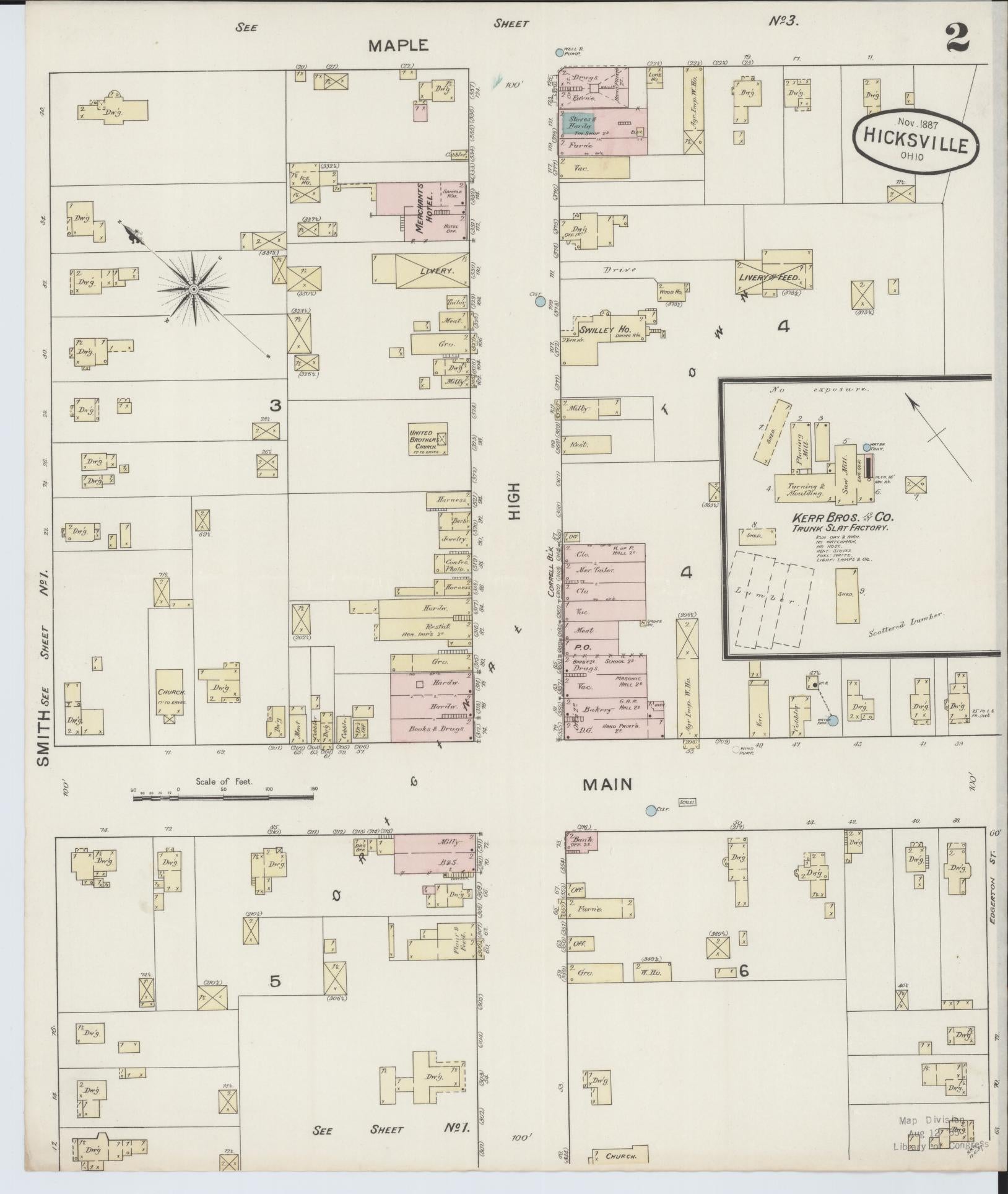 Sanborn Fire Insurance Map from Hicksville, Defiance County, Ohio (1887), Sheet #0002 - Historic Sanborn Fire Insurance Map Print, vintage old map wall art, antique decor, genealogy gift, Ohio Ohio map