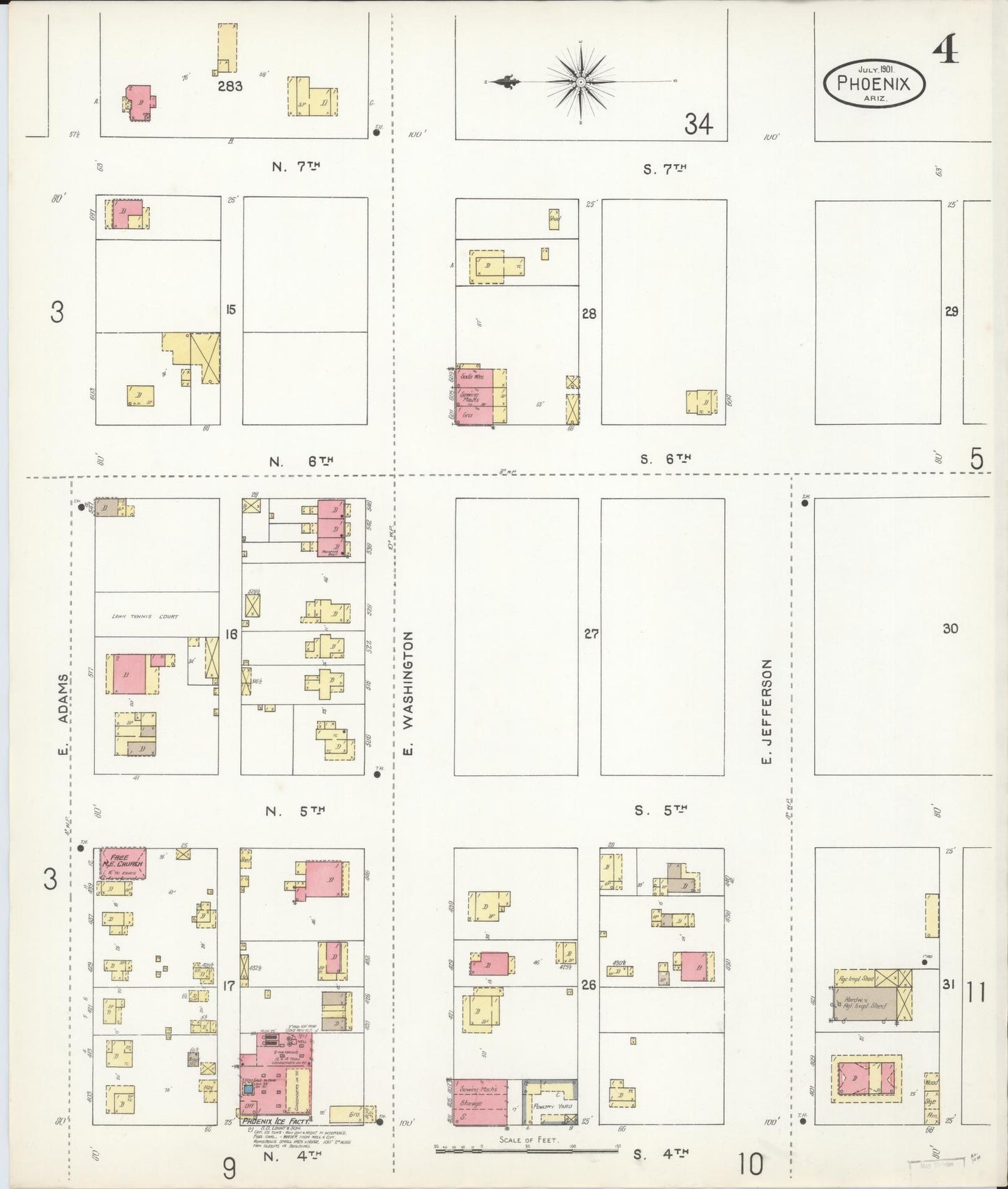 Sanborn Fire Insurance Map from Phoenix, Maricopa County, Arizona (1901), Sheet #0004 - Historic Sanborn Fire Insurance Map Print, vintage old map wall art, antique decor, genealogy gift, Arizona Arizona map