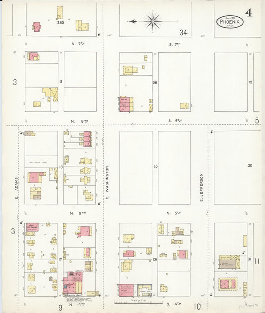 Sanborn Fire Insurance Map from Phoenix, Maricopa County, Arizona (1901), Sheet #0004 - Historic Sanborn Fire Insurance Map Print, vintage old map wall art, antique decor, genealogy gift, Arizona Arizona map