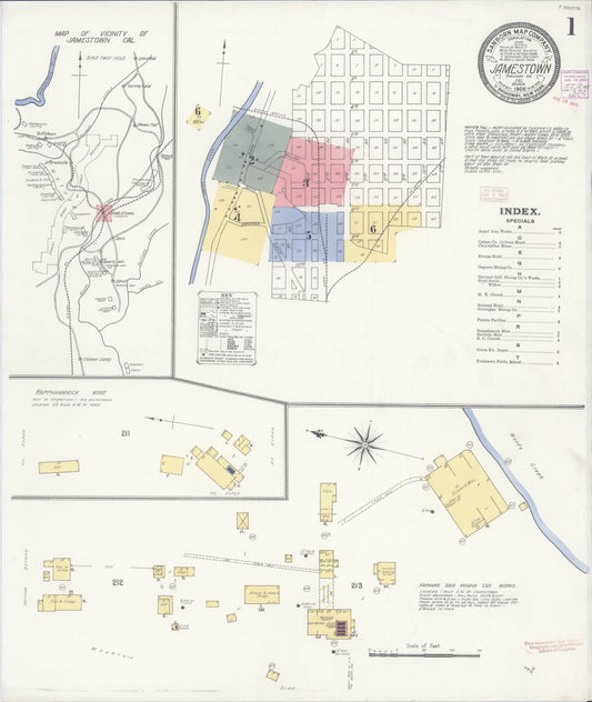 Sanborn Fire Insurance Map from Jamestown, Tuolumne County, California (1908), Sheet #0001 - Historic Sanborn Fire Insurance Map Print, vintage old map wall art, antique decor, genealogy gift, California California map