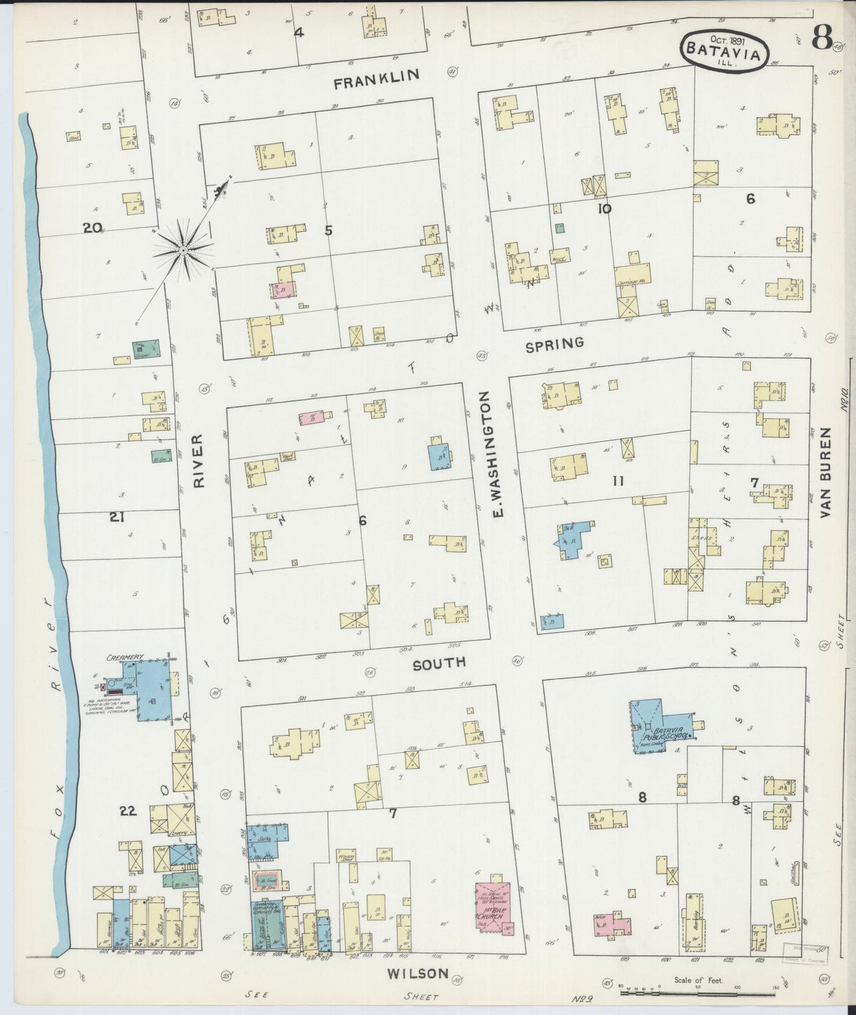Sanborn Fire Insurance Map from Batavia, Kane County, Illinois (1891), Sheet #0008 - Historic Sanborn Fire Insurance Map Print, vintage old map wall art, antique decor, genealogy gift, Illinois Illinois map
