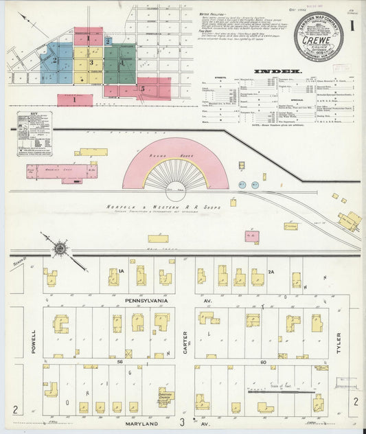 Sanborn Fire Insurance Map from Crewe, Nottoway County, Virginia (1909), Sheet #0001 - Complete Map Set gallery image, historic Sanborn map, vintage wall art, Virginia Virginia