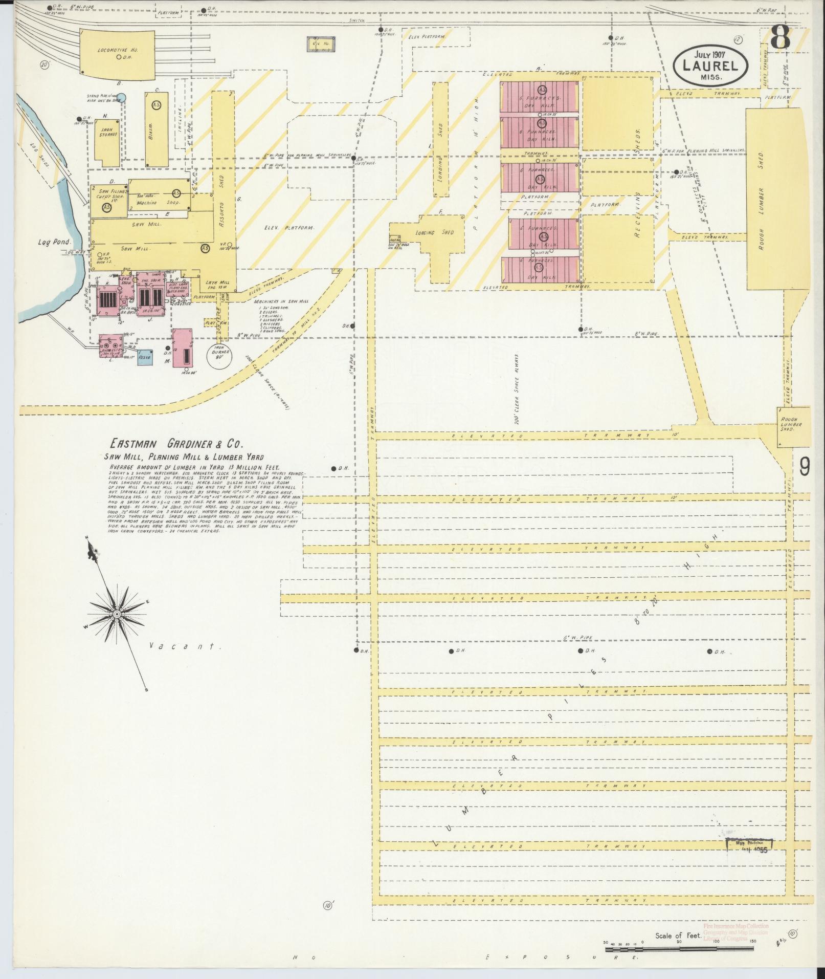 Sanborn Fire Insurance Map from Laurel, Jones County, Mississippi (1907), Sheet #0008 - Complete Map Set gallery image, historic Sanborn map, vintage wall art, Mississippi Mississippi