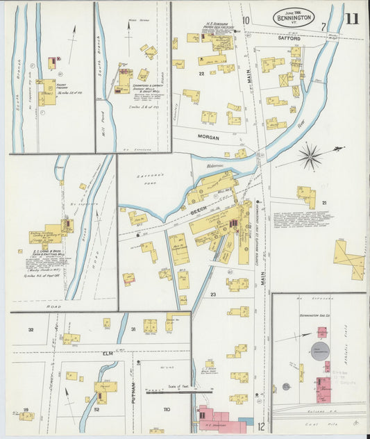 Sanborn Fire Insurance Map from Bennington, Bennington County, Vermont (1906), Sheet #0011 - Historic Sanborn Fire Insurance Map Print, vintage old map wall art, antique decor, genealogy gift, Vermont Vermont map