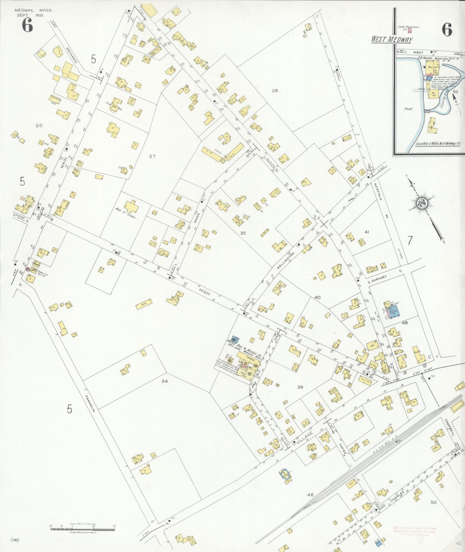 Sanborn Fire Insurance Map from Medway, Norfolk County, Massachusetts (1933), Sheet #0006 - Historic Sanborn Fire Insurance Map Print, vintage old map wall art, antique decor, genealogy gift, Massachusetts Massachusetts map
