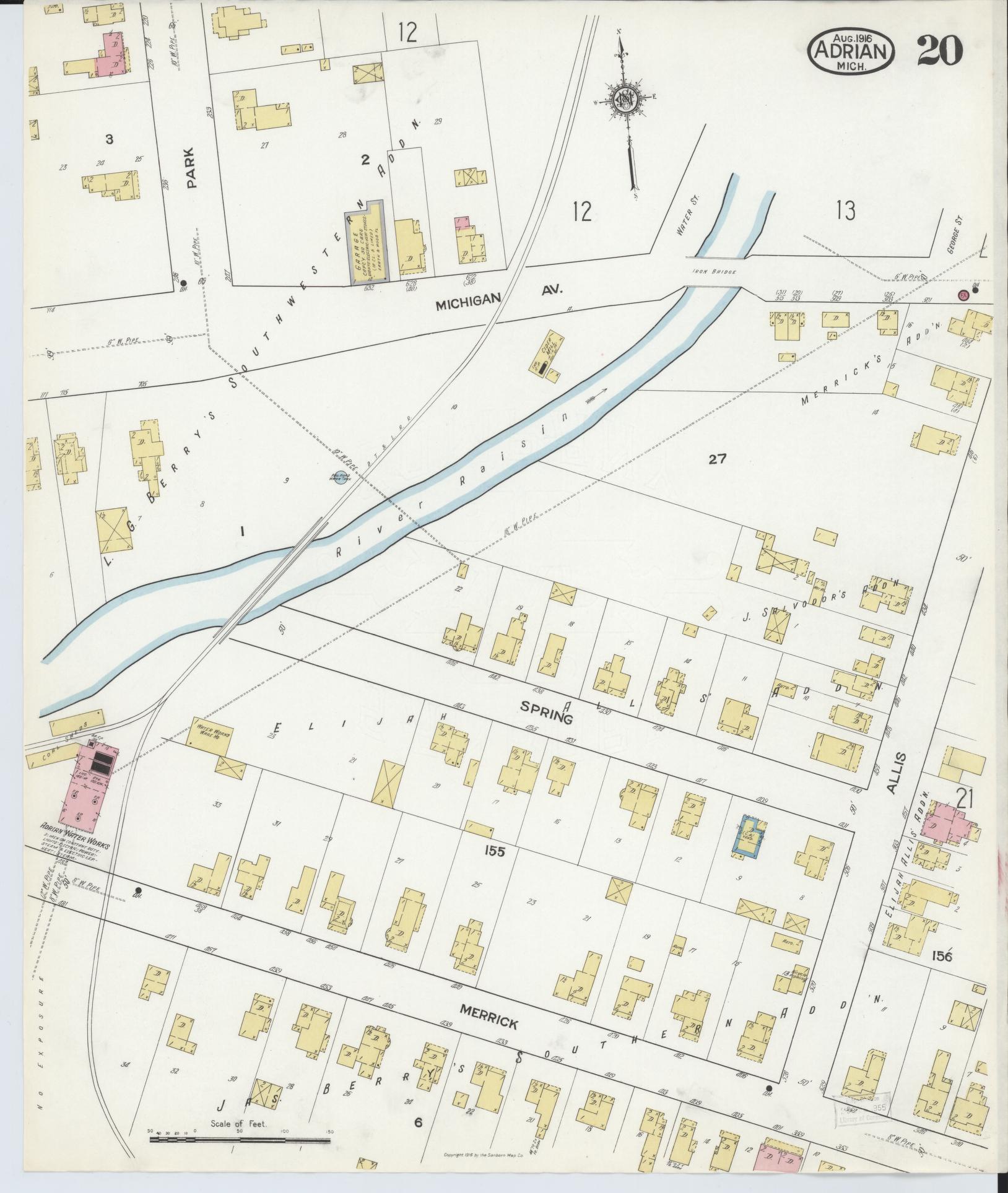 Sanborn Fire Insurance Map from Adrian, Lenawee County, Michigan (1916), Sheet #0020 - Historic Sanborn Fire Insurance Map Print, vintage old map wall art, antique decor, genealogy gift, Michigan Michigan map
