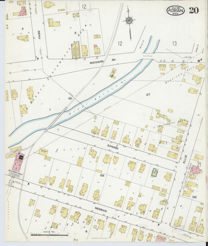 Sanborn Fire Insurance Map from Adrian, Lenawee County, Michigan (1916), Sheet #0020 - Historic Sanborn Fire Insurance Map Print, vintage old map wall art, antique decor, genealogy gift, Michigan Michigan map