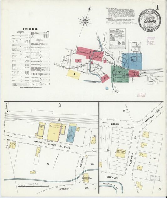 Sanborn Fire Insurance Map from Graham, Tazewell County, Virginia (1908), Sheet #0001 - Historic Sanborn Fire Insurance Map Print, vintage old map wall art, antique decor, genealogy gift, Virginia Virginia map