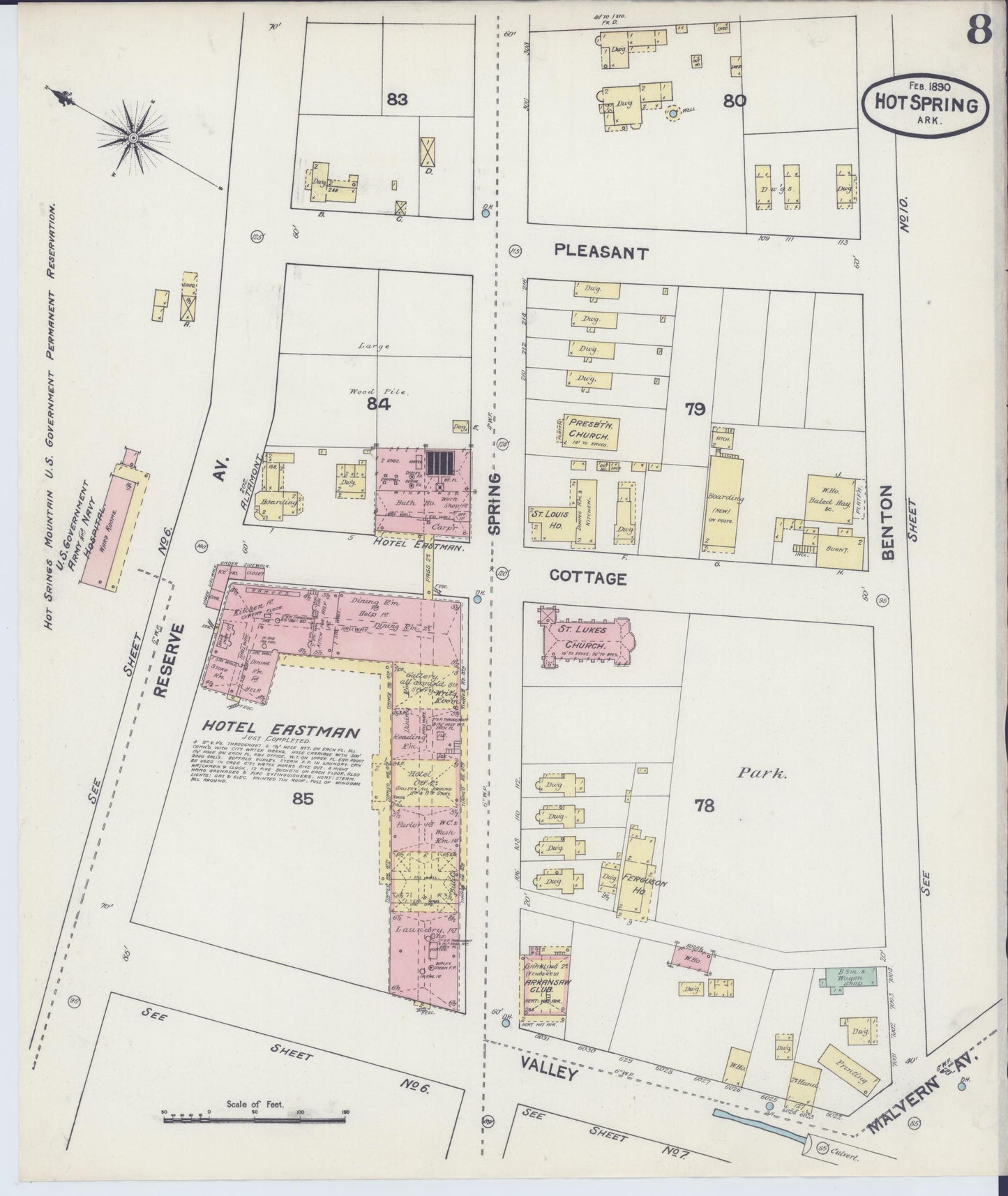 Sanborn Fire Insurance Map from Hot Springs, Garland County, Arkansas (1890), Sheet #0008 - Complete Map Set gallery image, historic Sanborn map, vintage wall art, Arkansas Arkansas