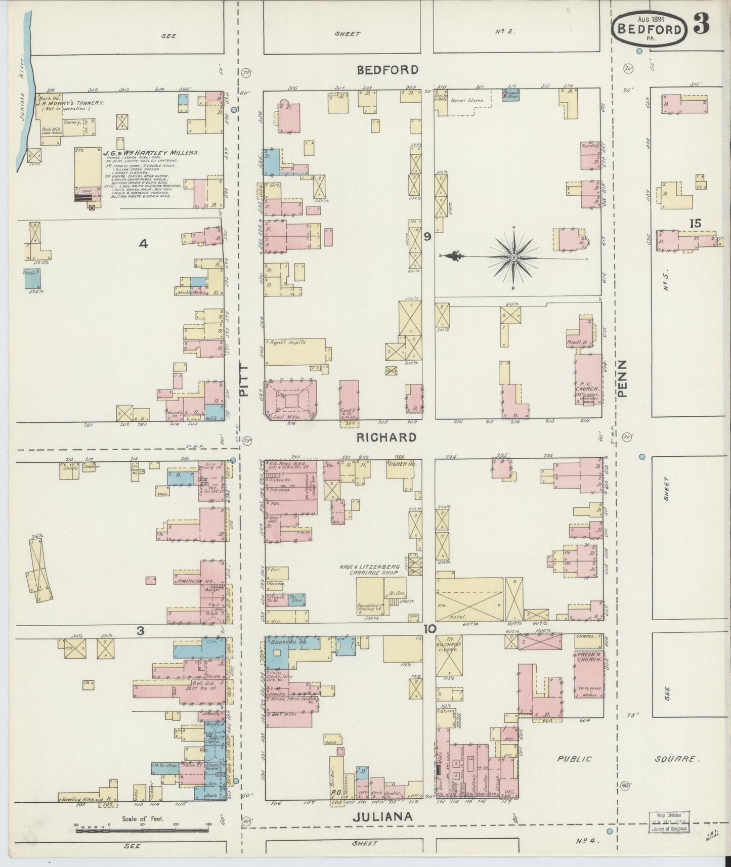 Sanborn Fire Insurance Map from Bedford, Bedford County, Pennsylvania (1891), Sheet #0003 - Historic Sanborn Fire Insurance Map Print, vintage old map wall art, antique decor, genealogy gift, Pennsylvania Pennsylvania map
