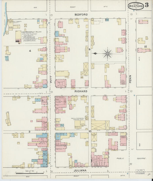Sanborn Fire Insurance Map from Bedford, Bedford County, Pennsylvania (1891), Sheet #0003 - Historic Sanborn Fire Insurance Map Print, vintage old map wall art, antique decor, genealogy gift, Pennsylvania Pennsylvania map
