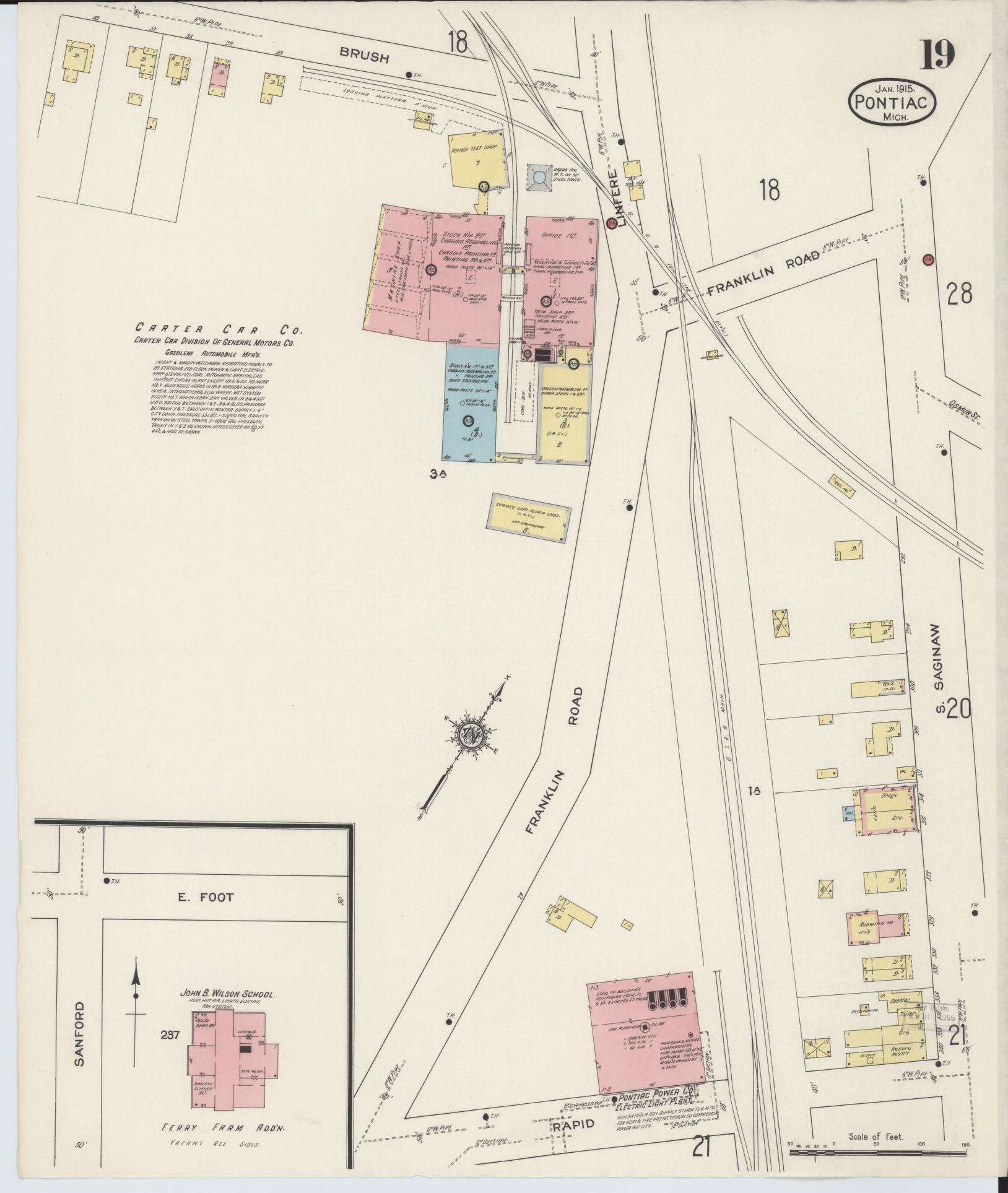 Sanborn Fire Insurance Map from Pontiac, Oakland County, Michigan (1915), Sheet #0019 - Historic Sanborn Fire Insurance Map Print, vintage old map wall art, antique decor, genealogy gift, Michigan Michigan map
