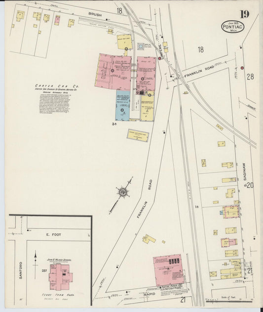 Sanborn Fire Insurance Map from Pontiac, Oakland County, Michigan (1915), Sheet #0019 - Historic Sanborn Fire Insurance Map Print, vintage old map wall art, antique decor, genealogy gift, Michigan Michigan map