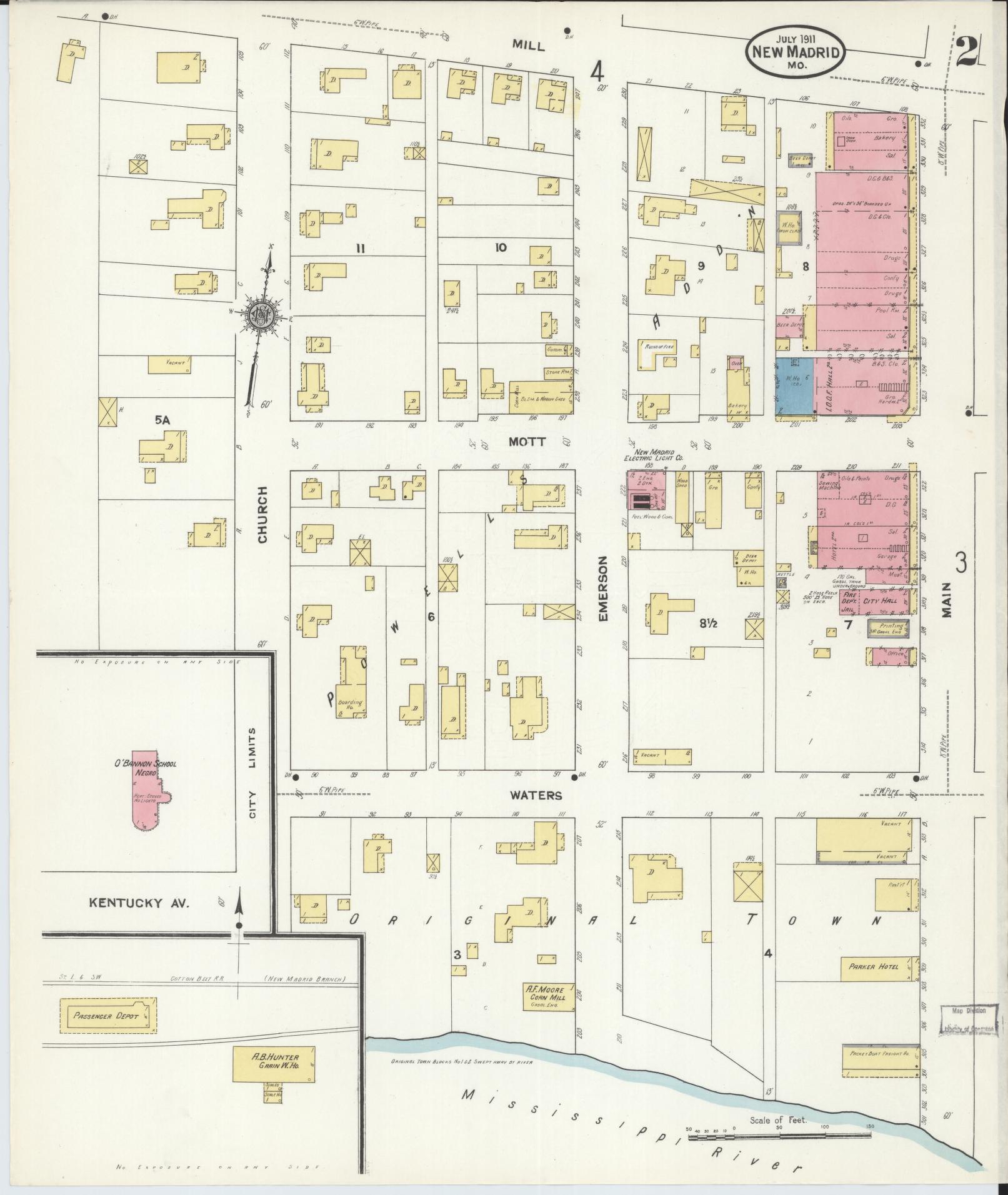 Sanborn Fire Insurance Map from New Madrid, New Madrid County, Missouri (1911), Sheet #0002 - Complete Map Set gallery image, historic Sanborn map, vintage wall art, Missouri Missouri