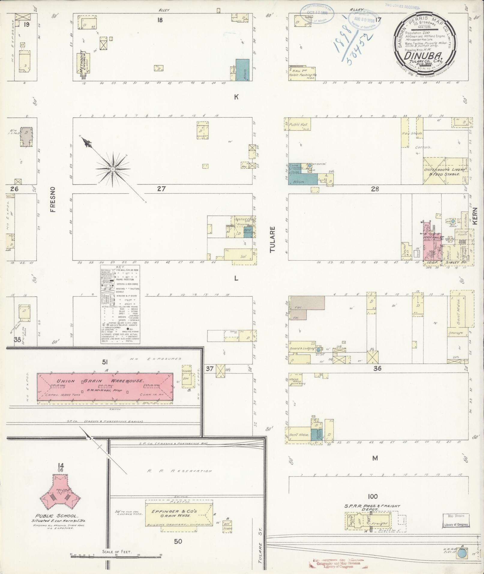 Sanborn Fire Insurance Map from Dinuba, Tulare County, California (1898), Sheet #0001 - Historic Sanborn Fire Insurance Map Print, vintage old map wall art, antique decor, genealogy gift, California California map