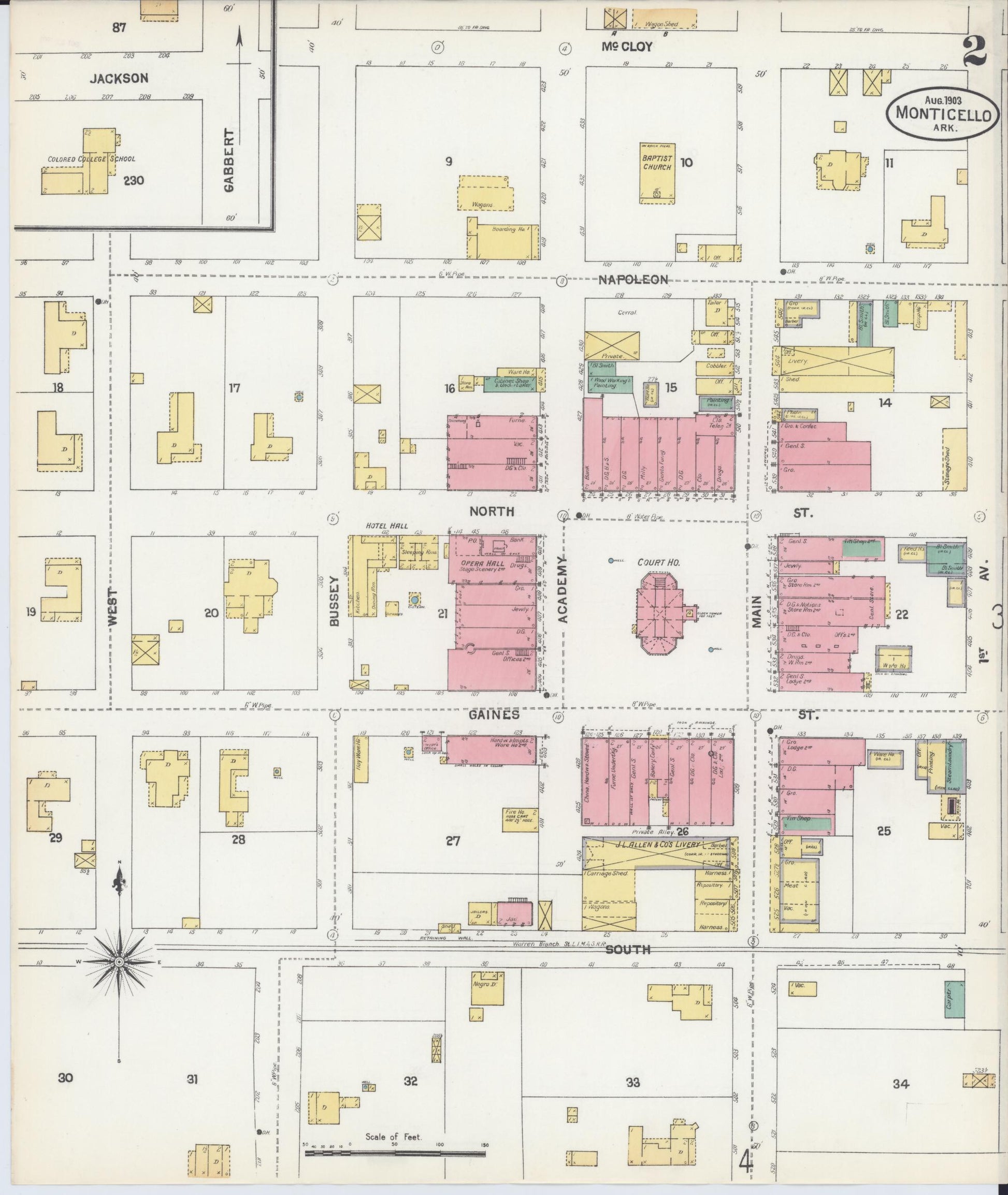 Sanborn Fire Insurance Map from Monticello, Drew County, Arkansas (1903), Sheet #0002 - Historic Sanborn Fire Insurance Map Print, vintage old map wall art, antique decor, genealogy gift, Arkansas Arkansas map