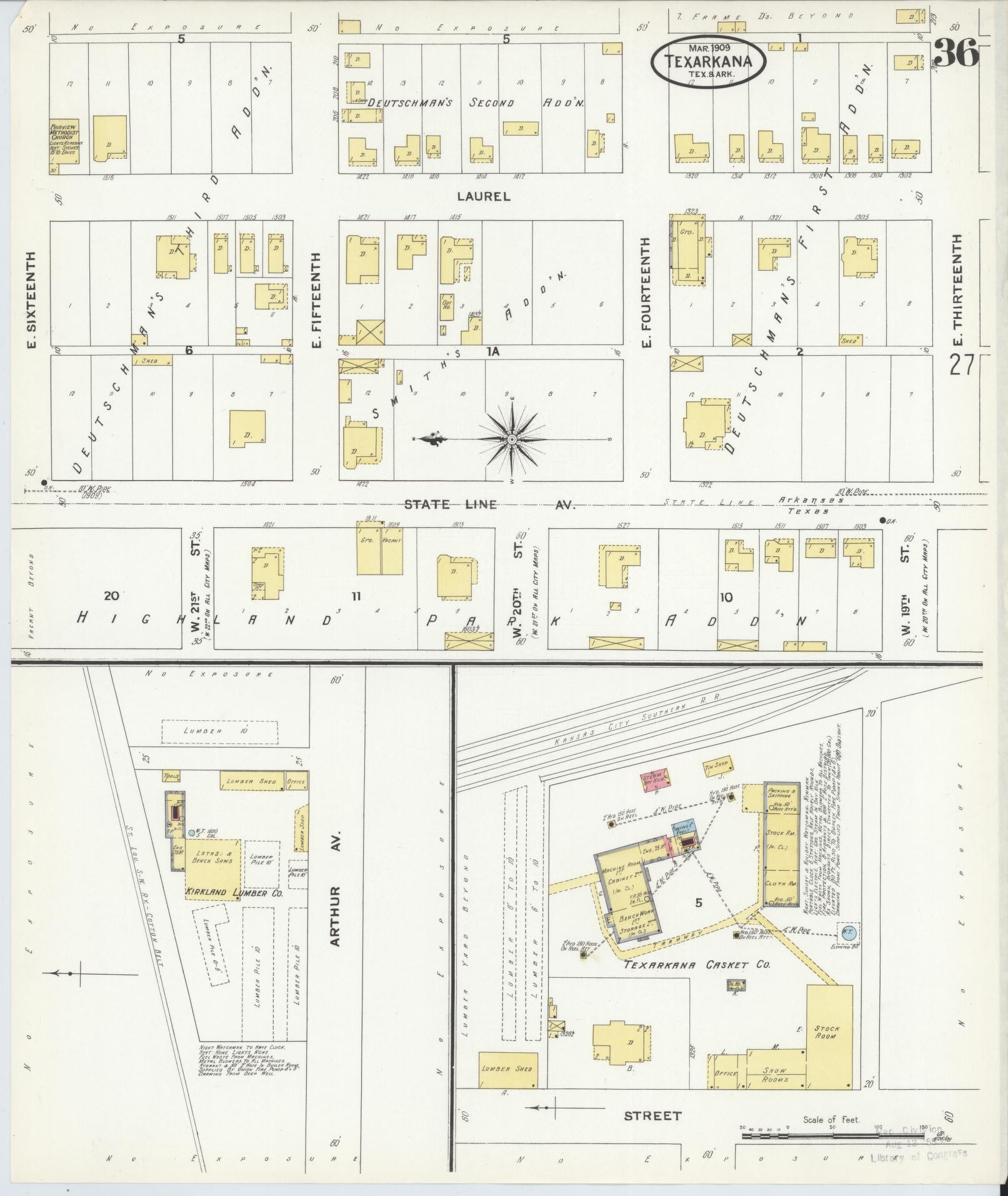 Sanborn Fire Insurance Map from Texarkana, Bowie County, Texas (1909), Sheet #0036 - Complete Map Set gallery image, historic Sanborn map, vintage wall art, Texas Texas