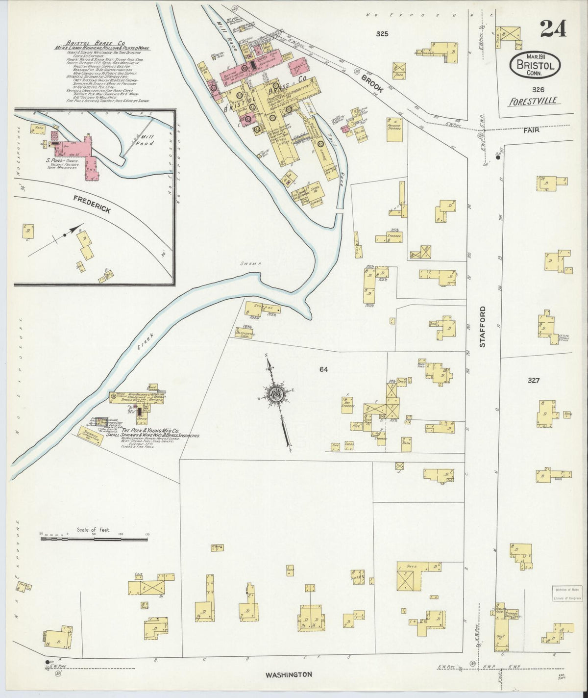 Sanborn Fire Insurance Map from Bristol, Hartford County, Connecticut (1911), Sheet #0024 - Historic Sanborn Fire Insurance Map Print, vintage old map wall art, antique decor, genealogy gift, Connecticut Connecticut map