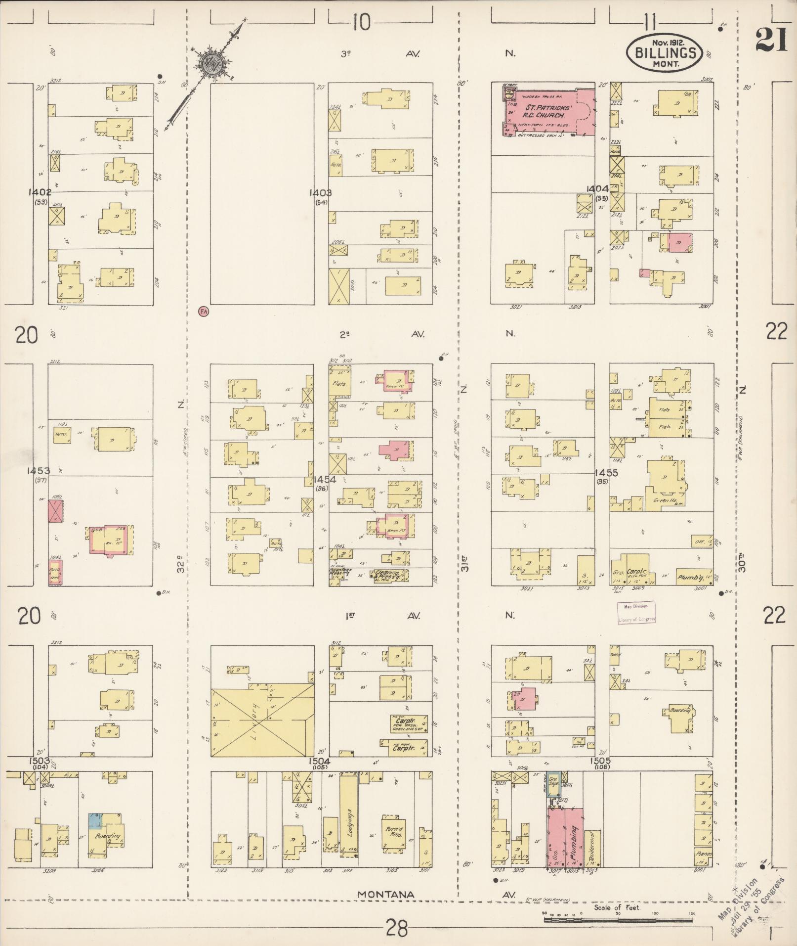 Sanborn Fire Insurance Map from Billings, Yellowstone County, Montana (1912), Sheet #0021 - Historic Sanborn Fire Insurance Map Print, vintage old map wall art, antique decor, genealogy gift, Montana Montana map