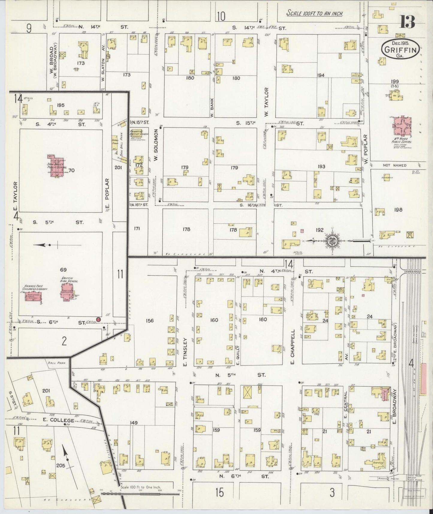 Sanborn Fire Insurance Map from Griffin, Spalding County, Georgia (1915), Sheet #0013 - Historic Sanborn Fire Insurance Map Print, vintage old map wall art, antique decor, genealogy gift, Georgia Georgia map