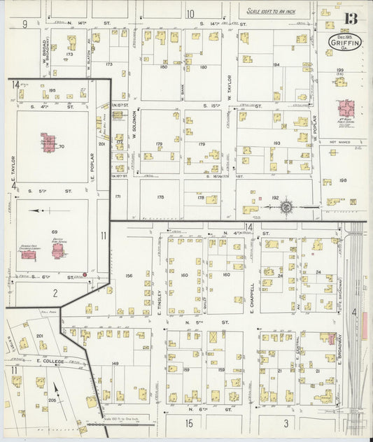 Sanborn Fire Insurance Map from Griffin, Spalding County, Georgia (1915), Sheet #0013 - Historic Sanborn Fire Insurance Map Print, vintage old map wall art, antique decor, genealogy gift, Georgia Georgia map