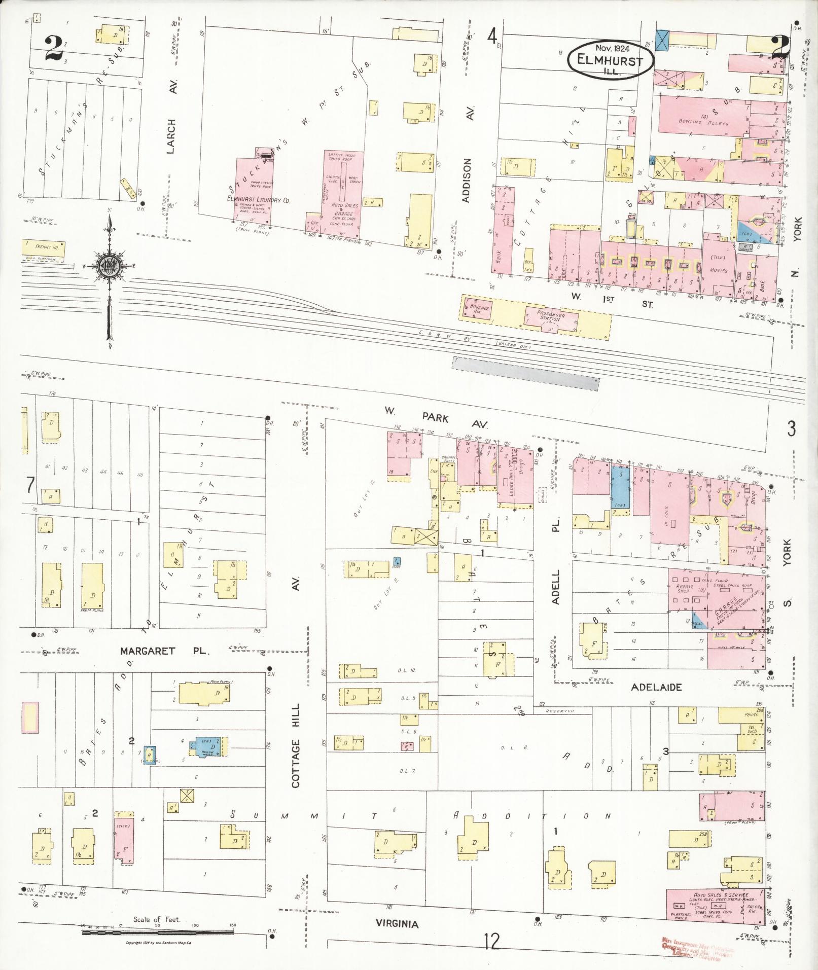 Sanborn Fire Insurance Map from Elmhurst, Du Page County, Illinois (1924), Sheet #0002 - Complete Map Set gallery image, historic Sanborn map, vintage wall art, Illinois Illinois