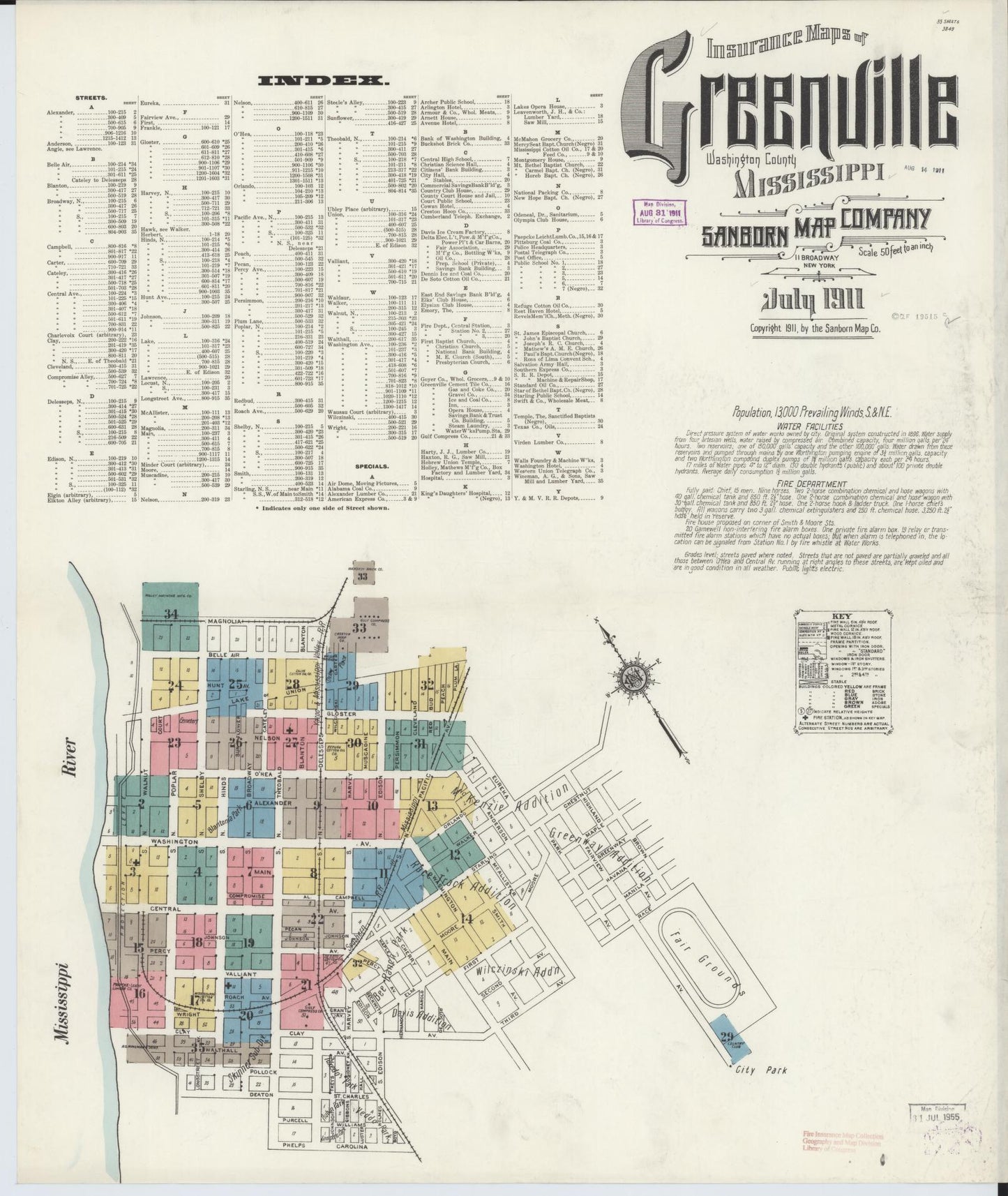 Sanborn Fire Insurance Map from Greenville, Washington County, Mississippi (1911), Sheet #0001 - Historic Sanborn Fire Insurance Map Print, vintage old map wall art, antique decor, genealogy gift, Mississippi Mississippi map