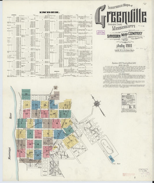 Sanborn Fire Insurance Map from Greenville, Washington County, Mississippi (1911), Sheet #0001 - Historic Sanborn Fire Insurance Map Print, vintage old map wall art, antique decor, genealogy gift, Mississippi Mississippi map
