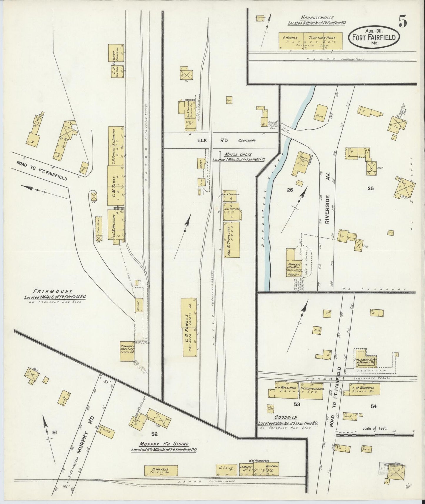 Sanborn Fire Insurance Map from Fort Fairfield, Aroostook County, Maine (1911), Sheet #0005 - Historic Sanborn Fire Insurance Map Print, vintage old map wall art, antique decor, genealogy gift, Maine Maine map