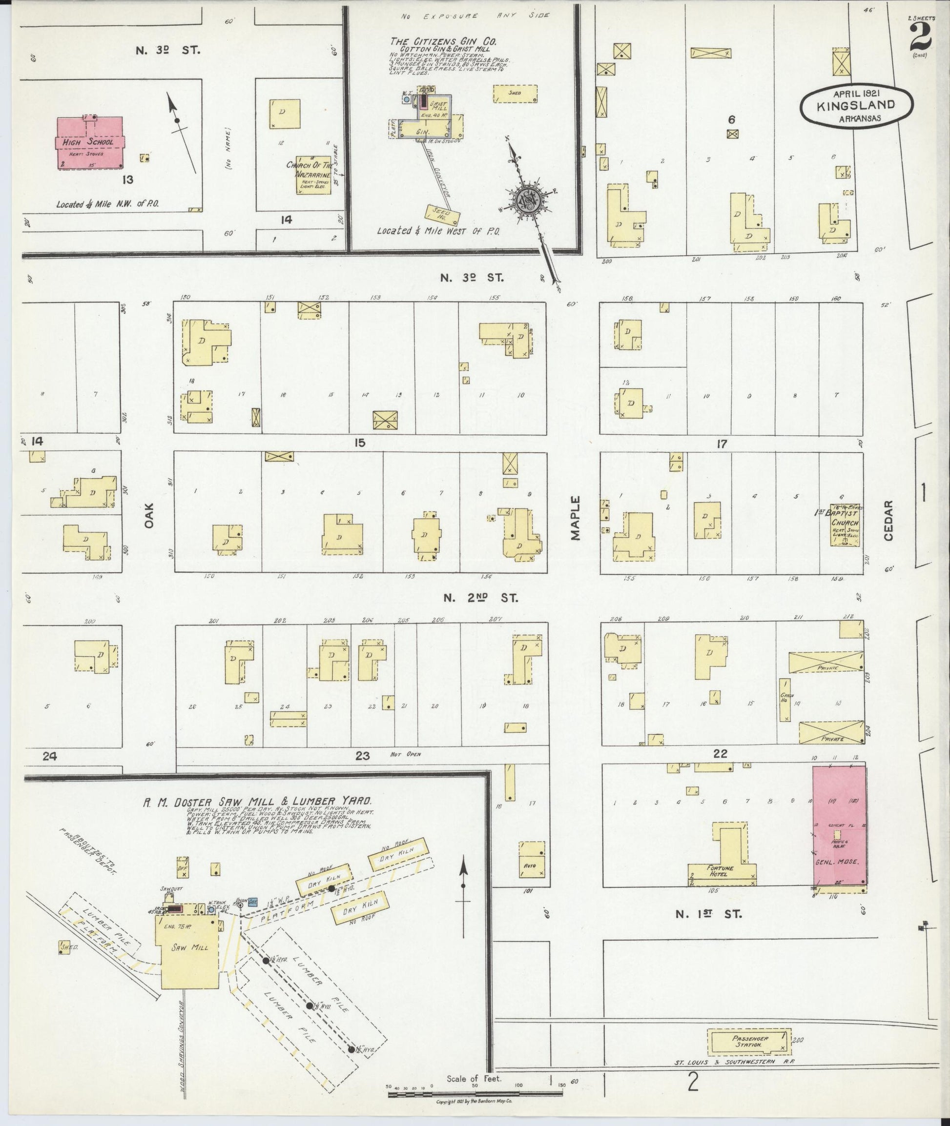 Sanborn Fire Insurance Map from Kingsland, Cleveland County, Arkansas (1921), Sheet #0002 - Complete Map Set gallery image, historic Sanborn map, vintage wall art, Arkansas Arkansas