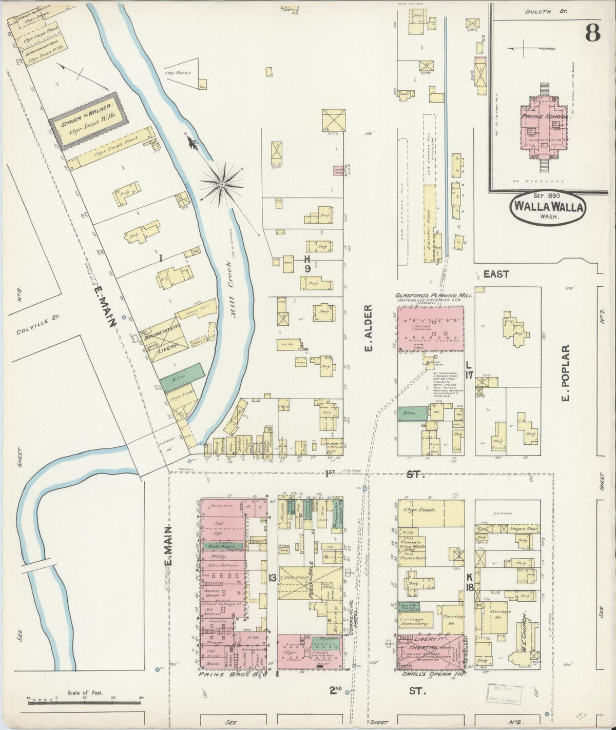 Sanborn Fire Insurance Map from Walla Walla, Walla Walla County, Washington (1890), Sheet #0008 - Historic Sanborn Fire Insurance Map Print, vintage old map wall art, antique decor, genealogy gift, Washington Washington map