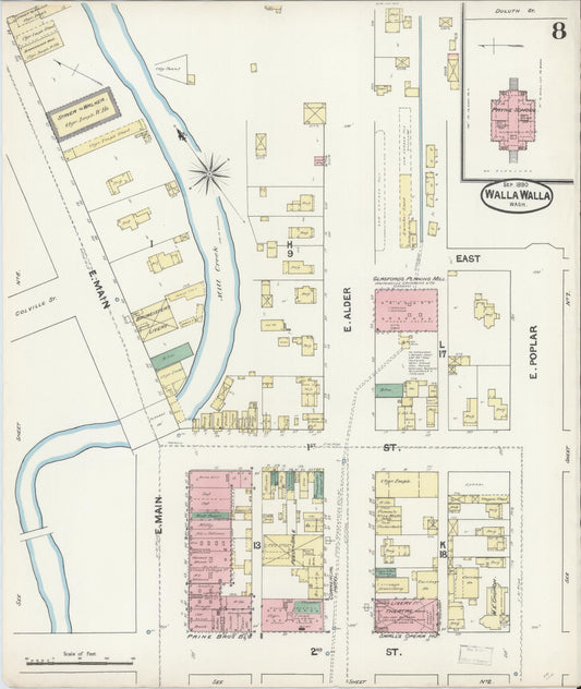 Sanborn Fire Insurance Map from Walla Walla, Walla Walla County, Washington (1890), Sheet #0008 - Historic Sanborn Fire Insurance Map Print, vintage old map wall art, antique decor, genealogy gift, Washington Washington map