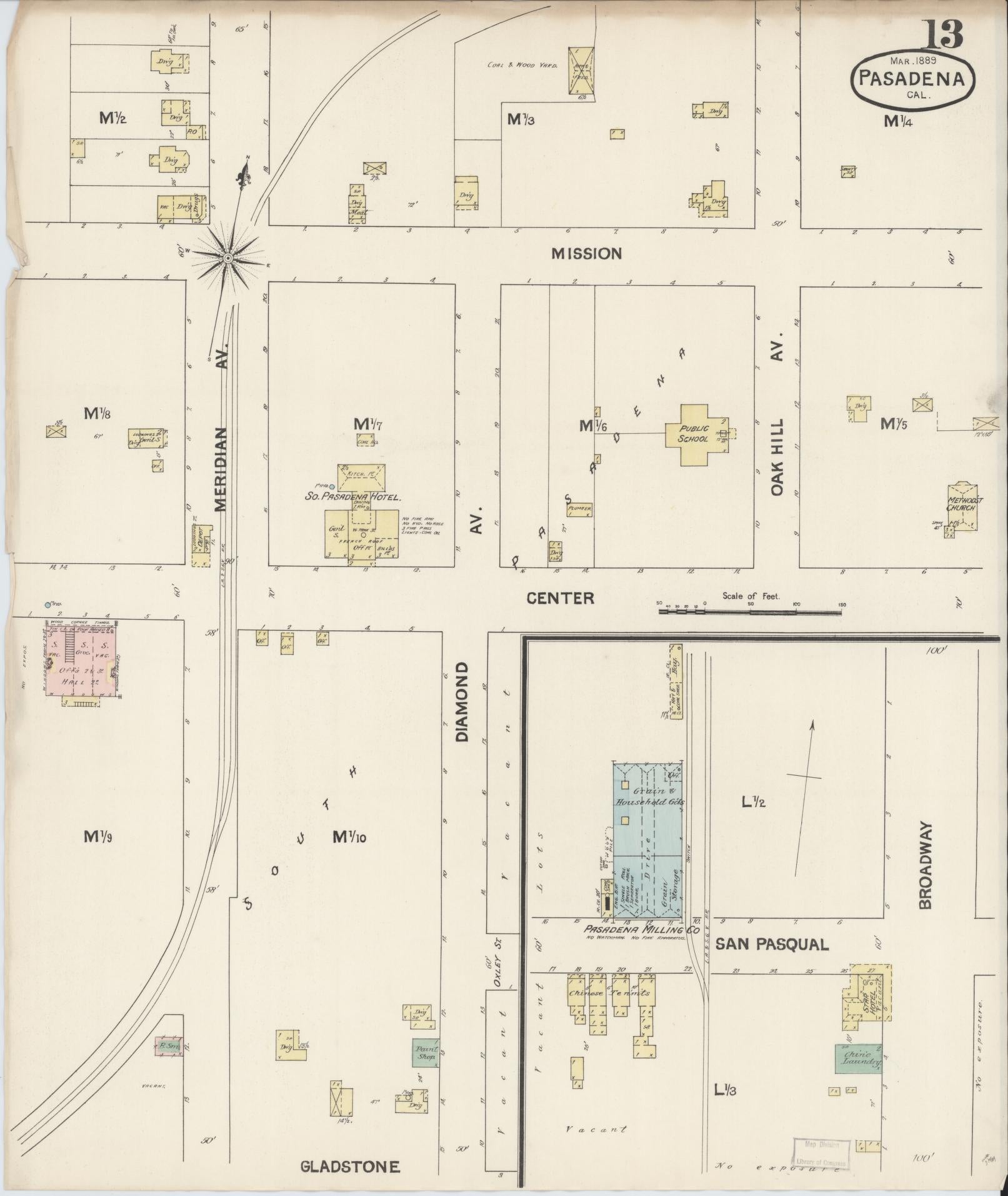 Sanborn Fire Insurance Map from Pasadena, Los Angeles County, California (1889), Sheet #0013 - Complete Map Set gallery image, historic Sanborn map, vintage wall art, California California