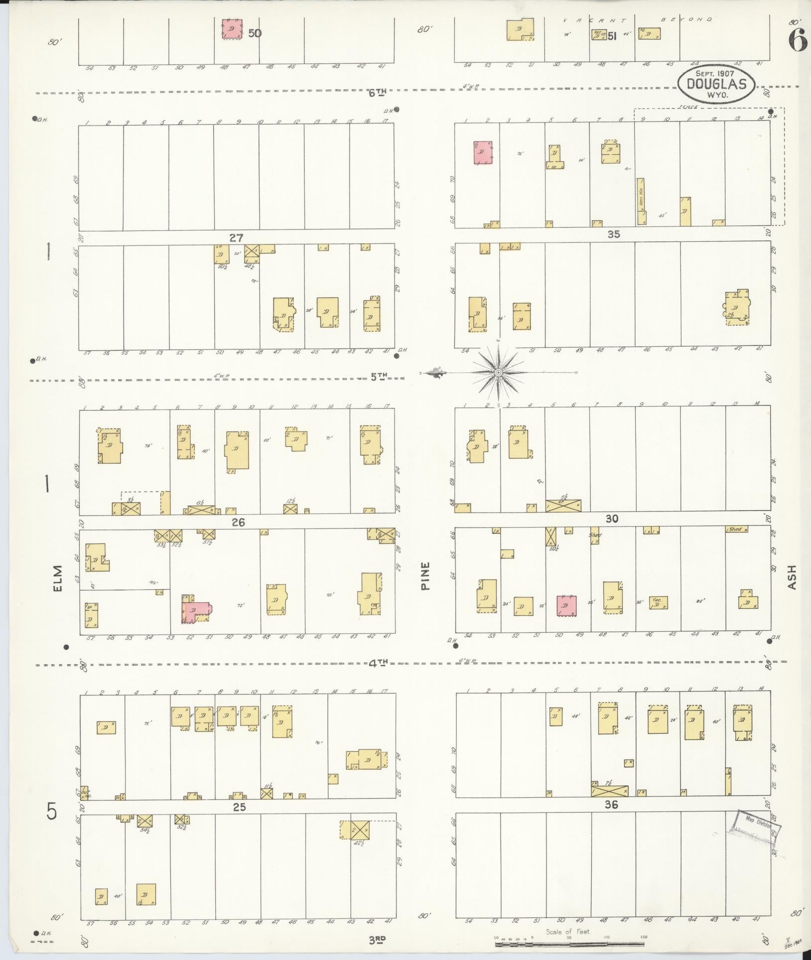 Sanborn Fire Insurance Map from Douglas, Converse County, Wyoming (1907), Sheet #0006 - Complete Map Set gallery image, historic Sanborn map, vintage wall art, Wyoming Wyoming