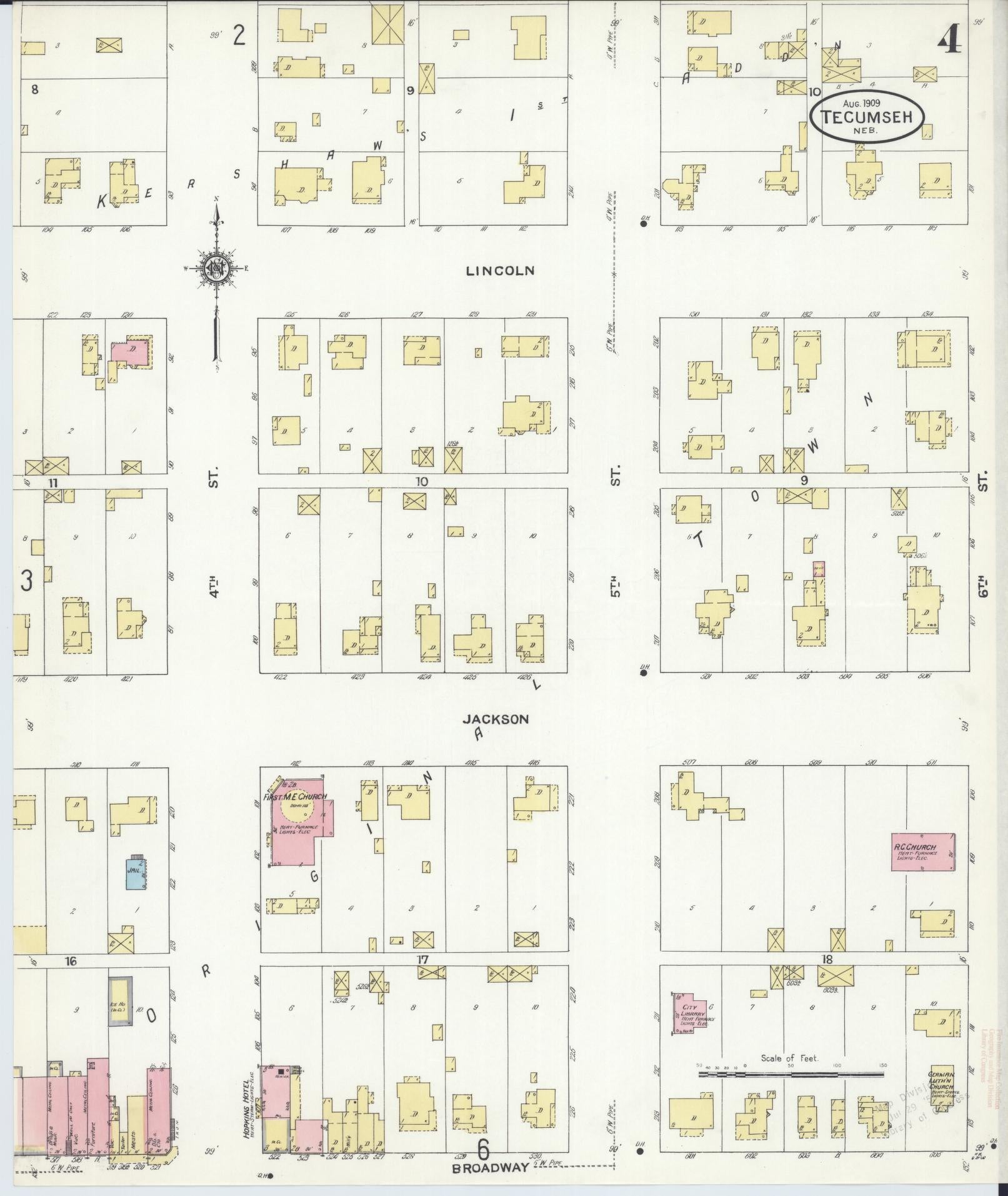Sanborn Fire Insurance Map from Tecumseh, Johnson County, Nebraska (1909), Sheet #0004 - Historic Sanborn Fire Insurance Map Print, vintage old map wall art, antique decor, genealogy gift, Nebraska Nebraska map