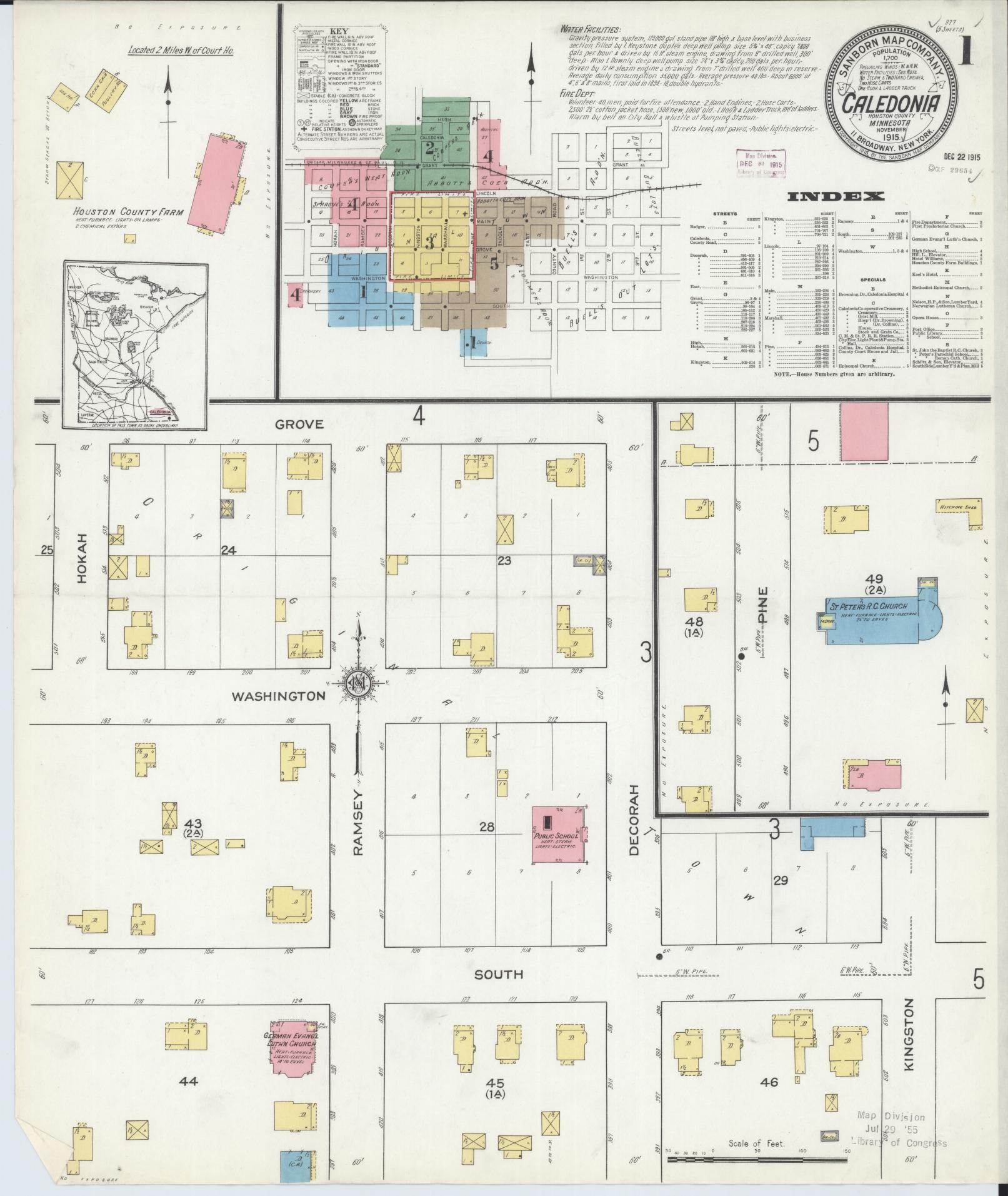 Sanborn Fire Insurance Map from Caledonia, Houston County, Minnesota (1915), Sheet #0001 - Historic Sanborn Fire Insurance Map Print, vintage old map wall art, antique decor, genealogy gift, Minnesota Minnesota map