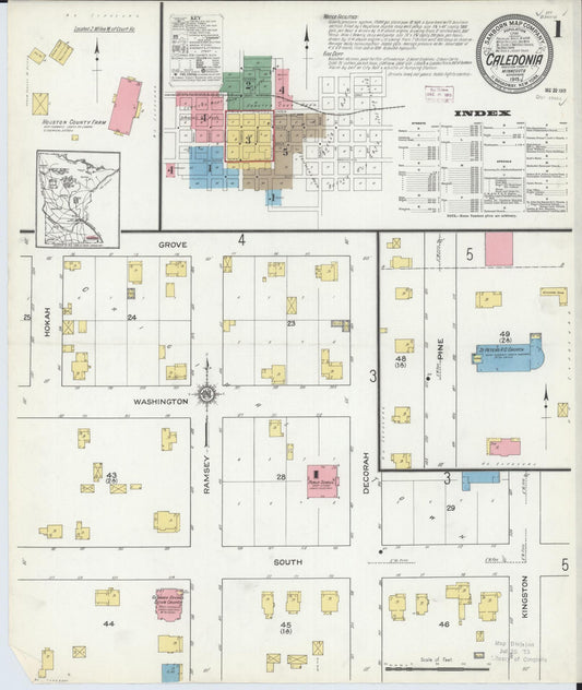 Sanborn Fire Insurance Map from Caledonia, Houston County, Minnesota (1915), Sheet #0001 - Historic Sanborn Fire Insurance Map Print, vintage old map wall art, antique decor, genealogy gift, Minnesota Minnesota map