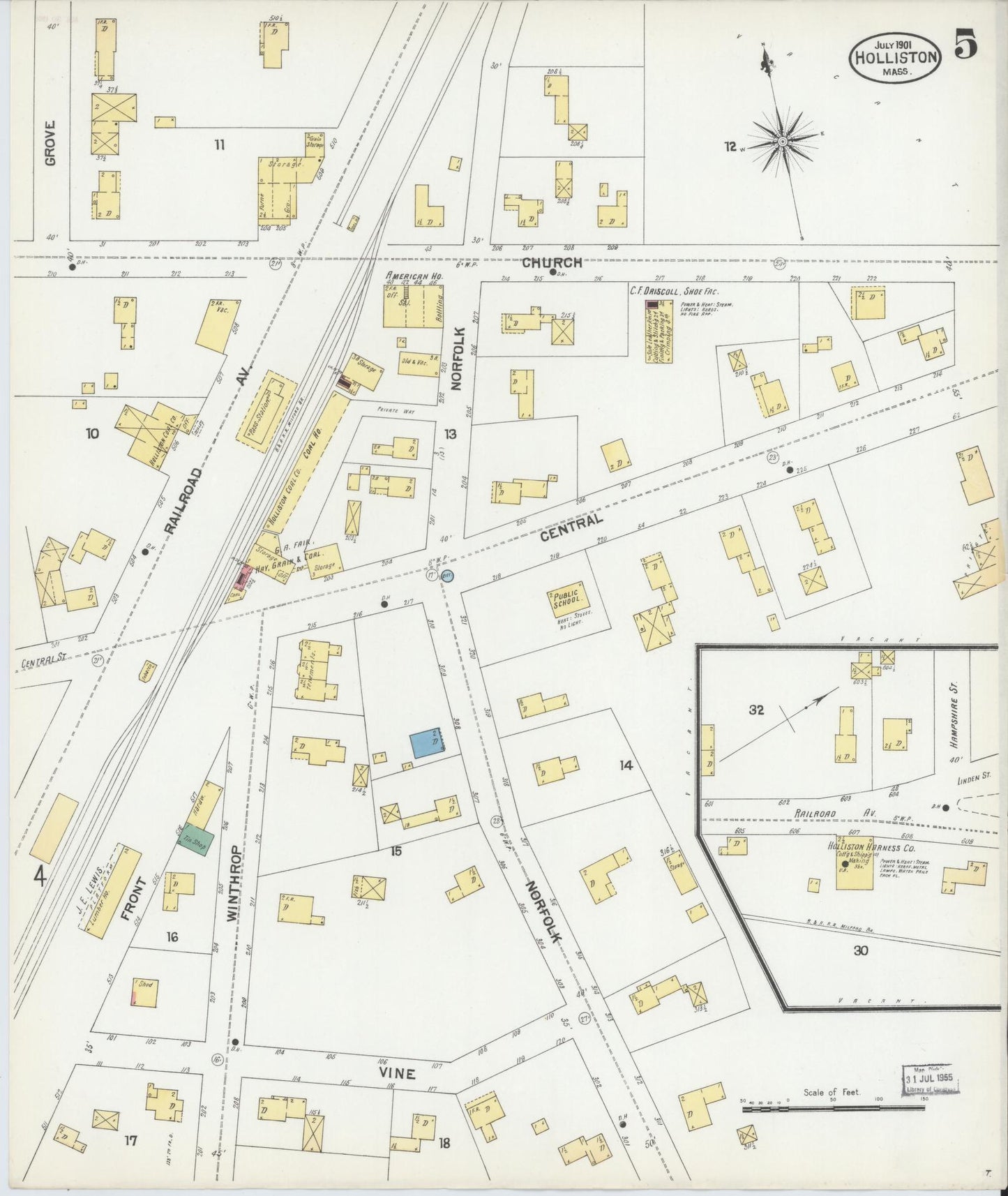 Sanborn Fire Insurance Map from Holliston, Middlesex County, Massachusetts (1901), Sheet #0005 - Historic Sanborn Fire Insurance Map Print, vintage old map wall art, antique decor, genealogy gift, Massachusetts Massachusetts map