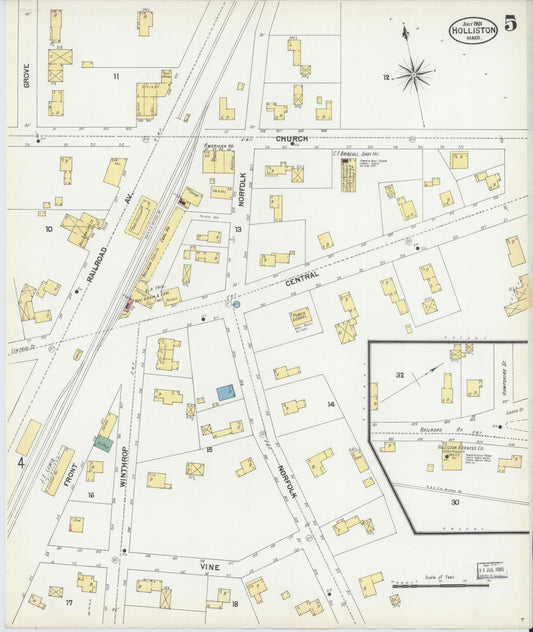 Sanborn Fire Insurance Map from Holliston, Middlesex County, Massachusetts (1901), Sheet #0005 - Historic Sanborn Fire Insurance Map Print, vintage old map wall art, antique decor, genealogy gift, Massachusetts Massachusetts map
