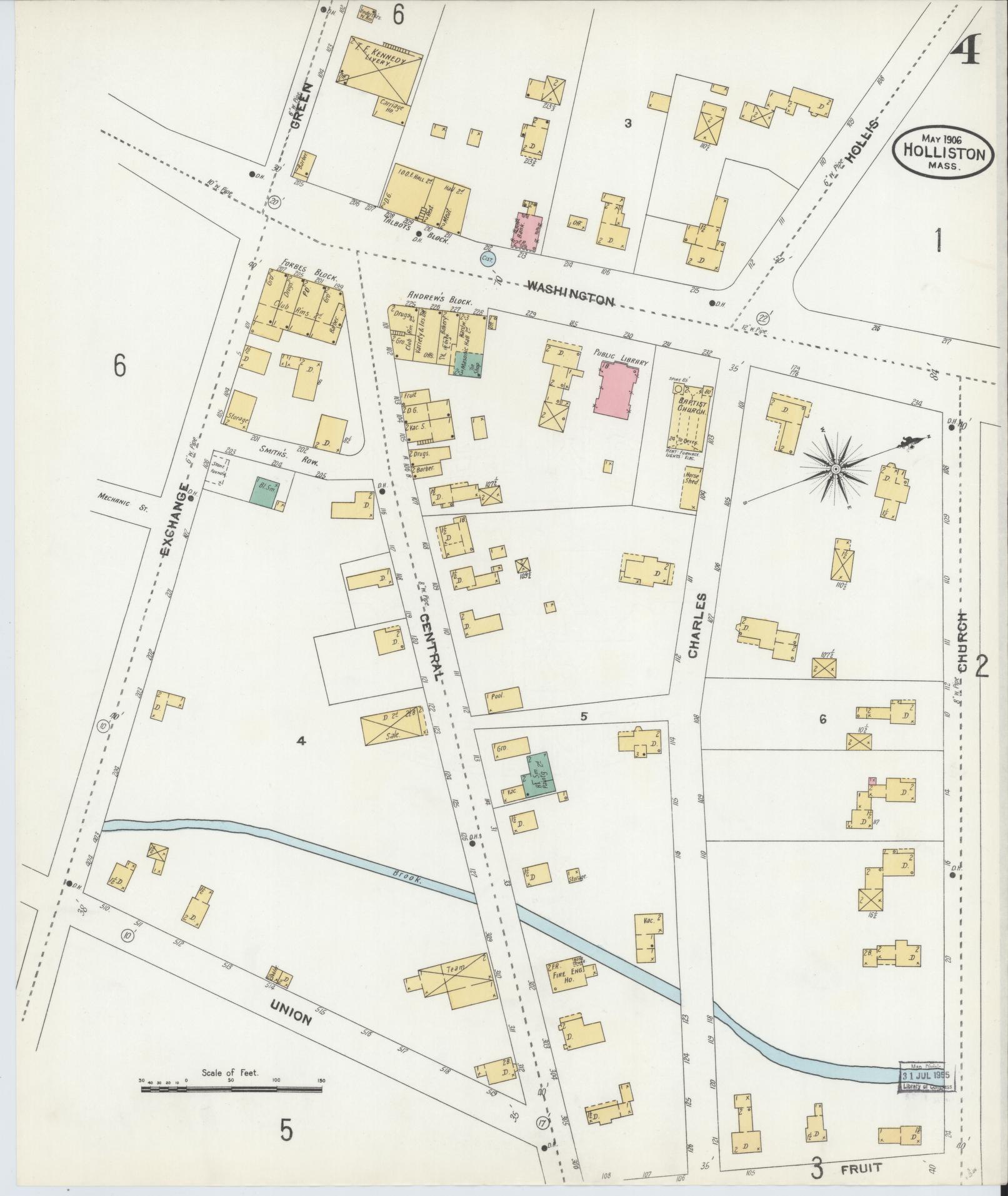 Sanborn Fire Insurance Map from Holliston, Middlesex County, Massachusetts (1906), Sheet #0004 - Historic Sanborn Fire Insurance Map Print, vintage old map wall art, antique decor, genealogy gift, Massachusetts Massachusetts map