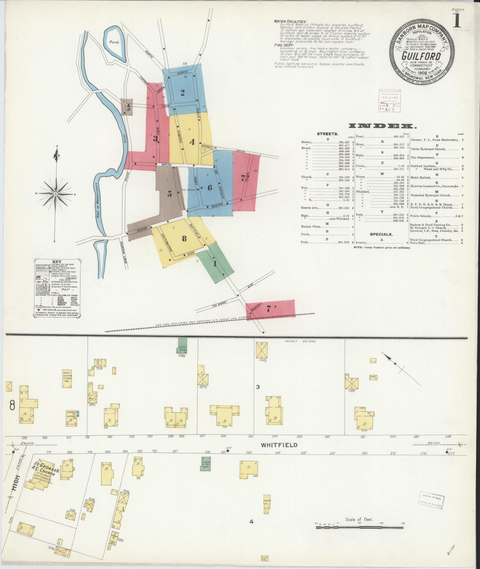 Sanborn Fire Insurance Map from Guilford, New Haven County, Connecticut (1908), Sheet #0001 - Complete Map Set gallery image, historic Sanborn map, vintage wall art, Connecticut Connecticut