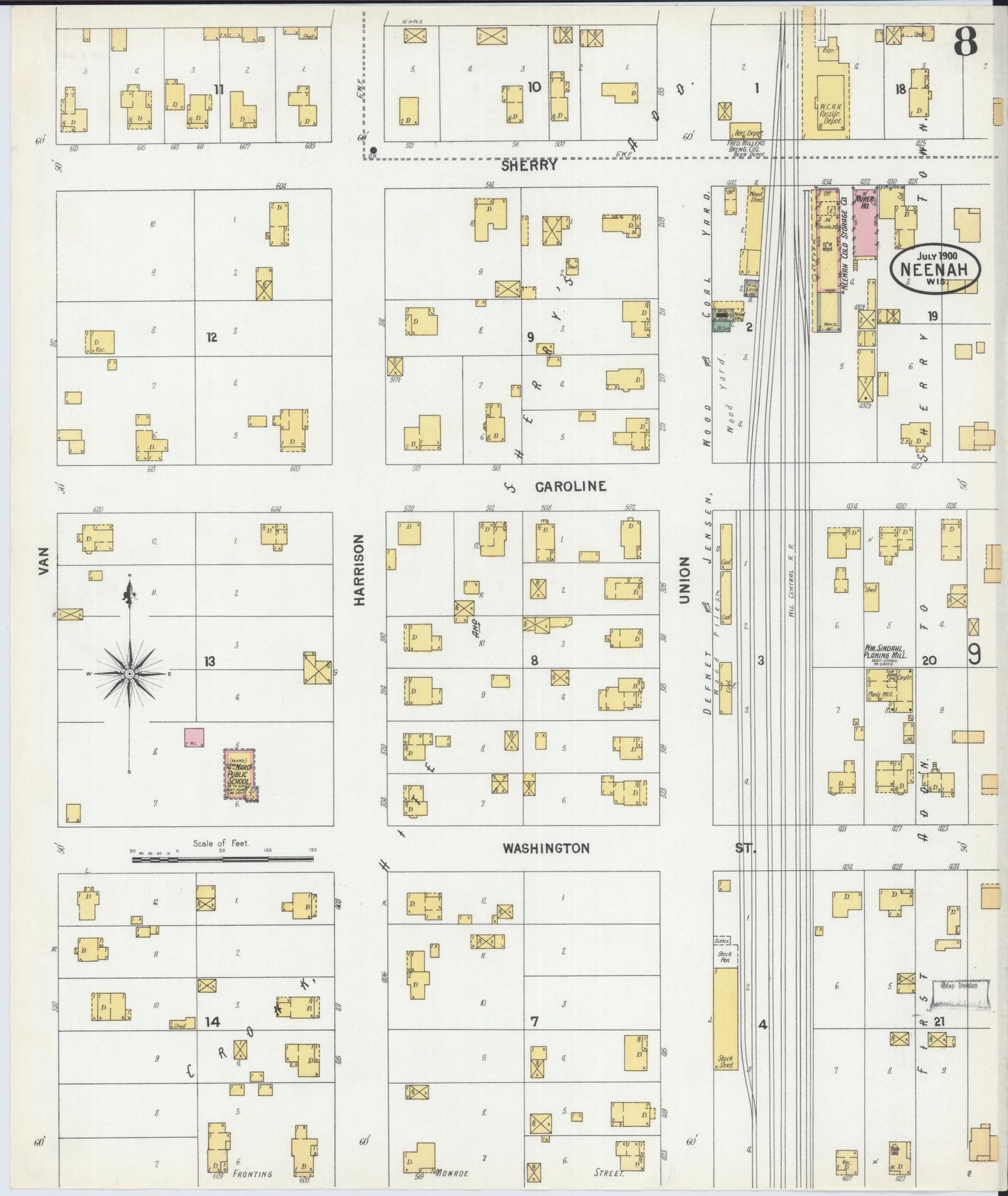 Sanborn Fire Insurance Map from Neenah, Winnebago County, Wisconsin (1900), Sheet #0008 - Complete Map Set gallery image, historic Sanborn map, vintage wall art, Wisconsin Wisconsin