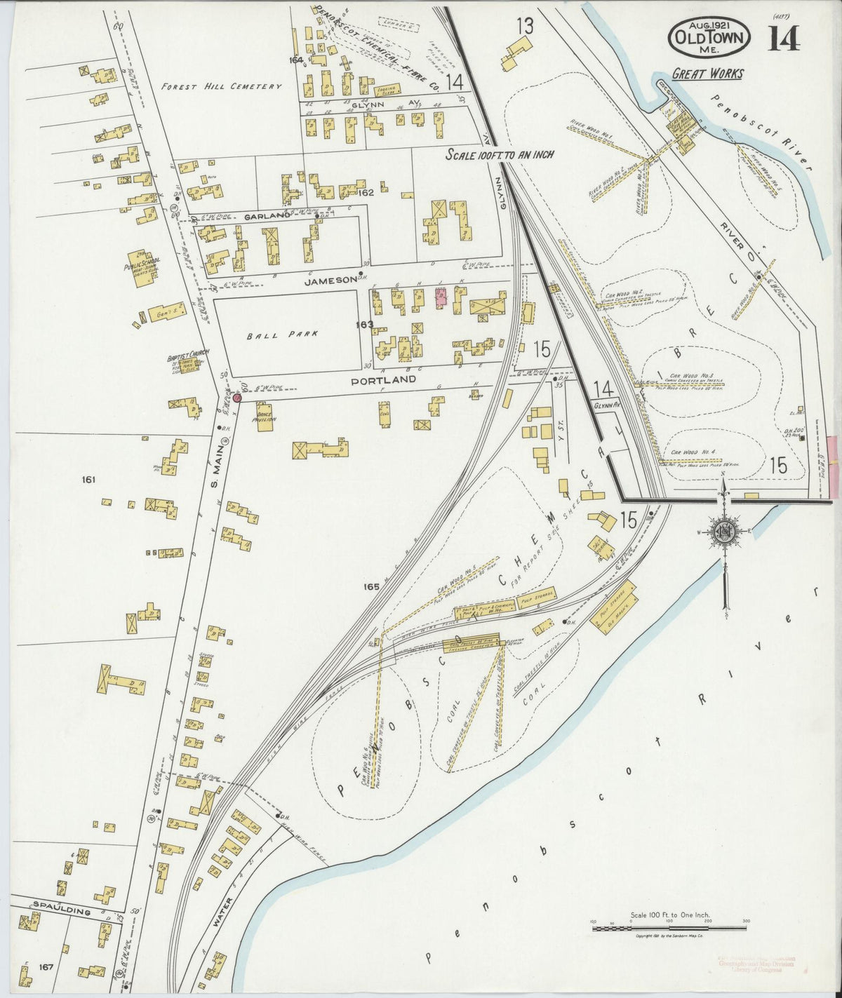 Sanborn Fire Insurance Map from Old Town, Penobscot County, Maine (1921), Sheet #0014 - Complete Map Set gallery image, historic Sanborn map, vintage wall art, Maine Maine