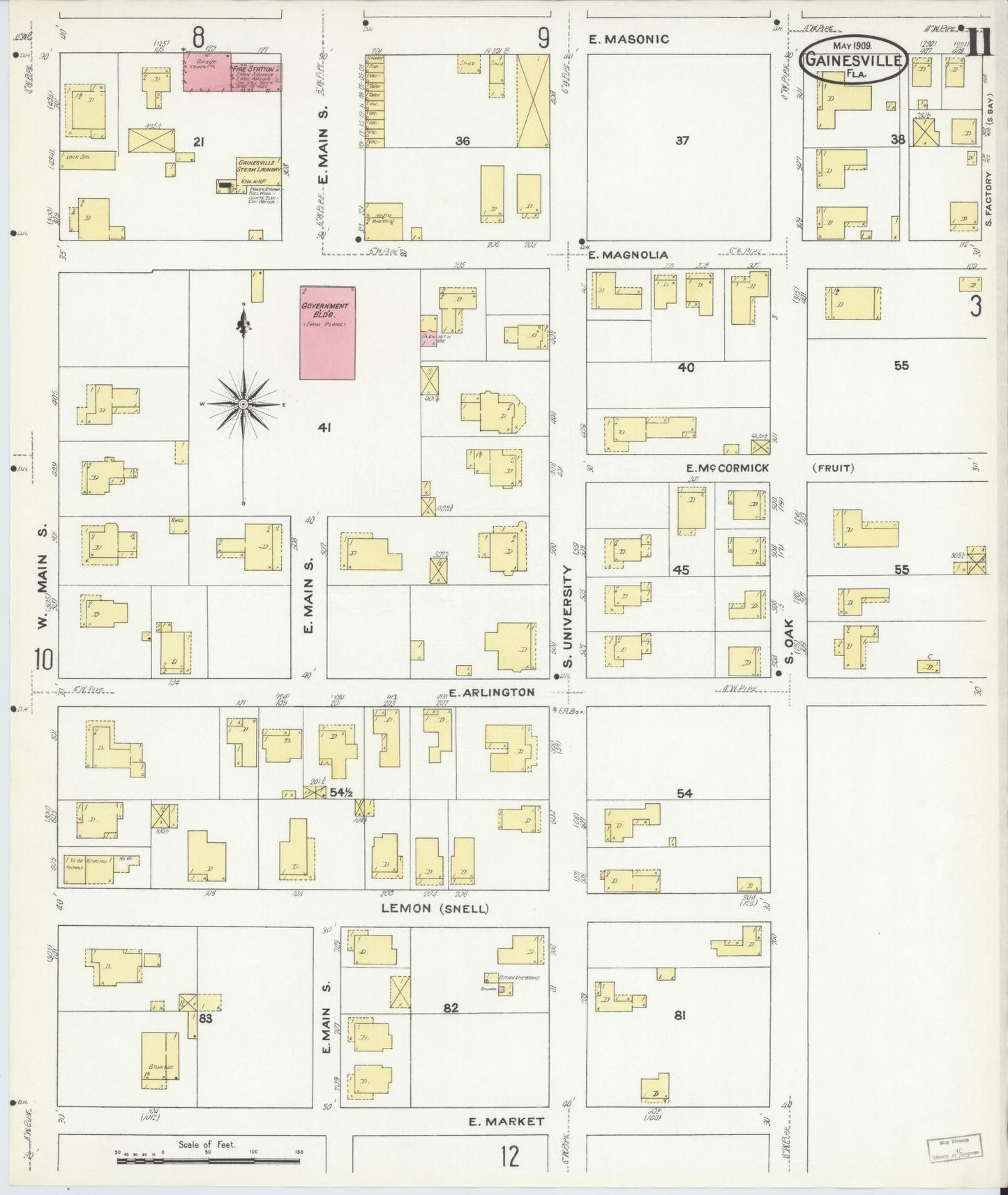 Sanborn Fire Insurance Map from Gainesville, Alachua County, Florida (1909), Sheet #0011 - Complete Map Set gallery image, historic Sanborn map, vintage wall art, Florida Florida