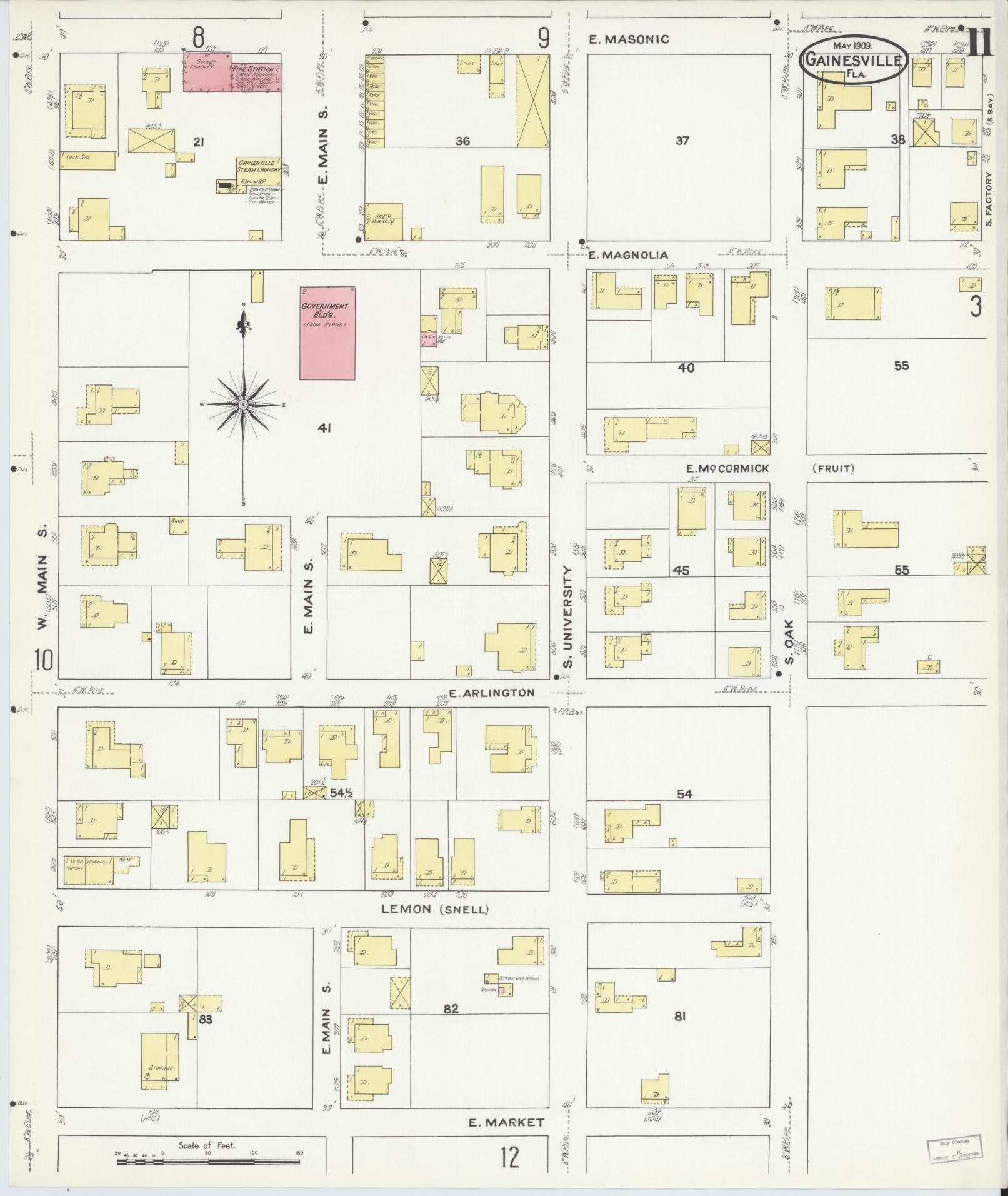 Sanborn Fire Insurance Map from Gainesville, Alachua County, Florida (1909), Sheet #0011 - Complete Map Set gallery image, historic Sanborn map, vintage wall art, Florida Florida