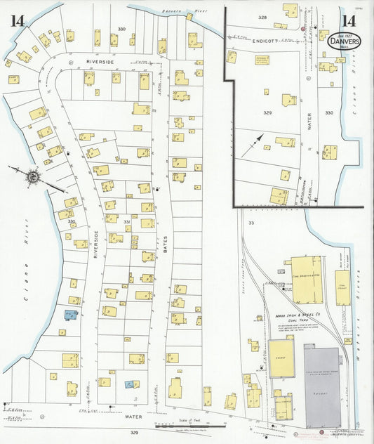 Sanborn Fire Insurance Map from Danvers, Essex County, Massachusetts (1927), Sheet #0014 - Historic Sanborn Fire Insurance Map Print, vintage old map wall art, antique decor, genealogy gift, Massachusetts Massachusetts map
