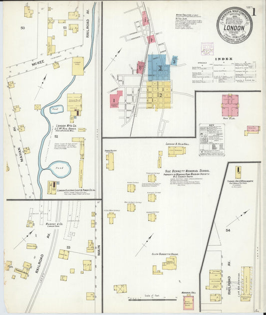 Sanborn Fire Insurance Map from London, Laurel County, Kentucky (1908), Sheet #0001 - Historic Sanborn Fire Insurance Map Print, vintage old map wall art, antique decor, genealogy gift, Kentucky Kentucky map